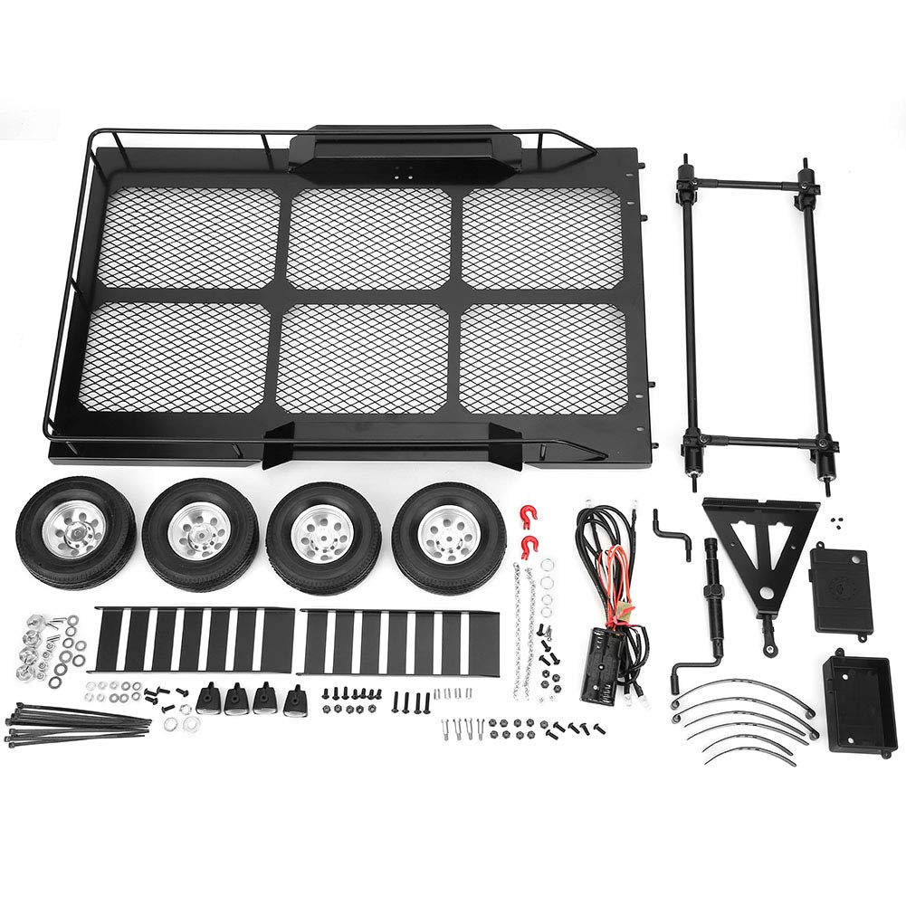 POENVFPO Metalowa Przyczepa Samochodowa RC z 4 Oponami do 1/10 Scx10 D90 | Metalowa Konstrukcja, Trwałe i Antypoślizgowe Opony, Pasuje do Axial Scx10 90046 Cc01, Duża pojemność do Samochodów
