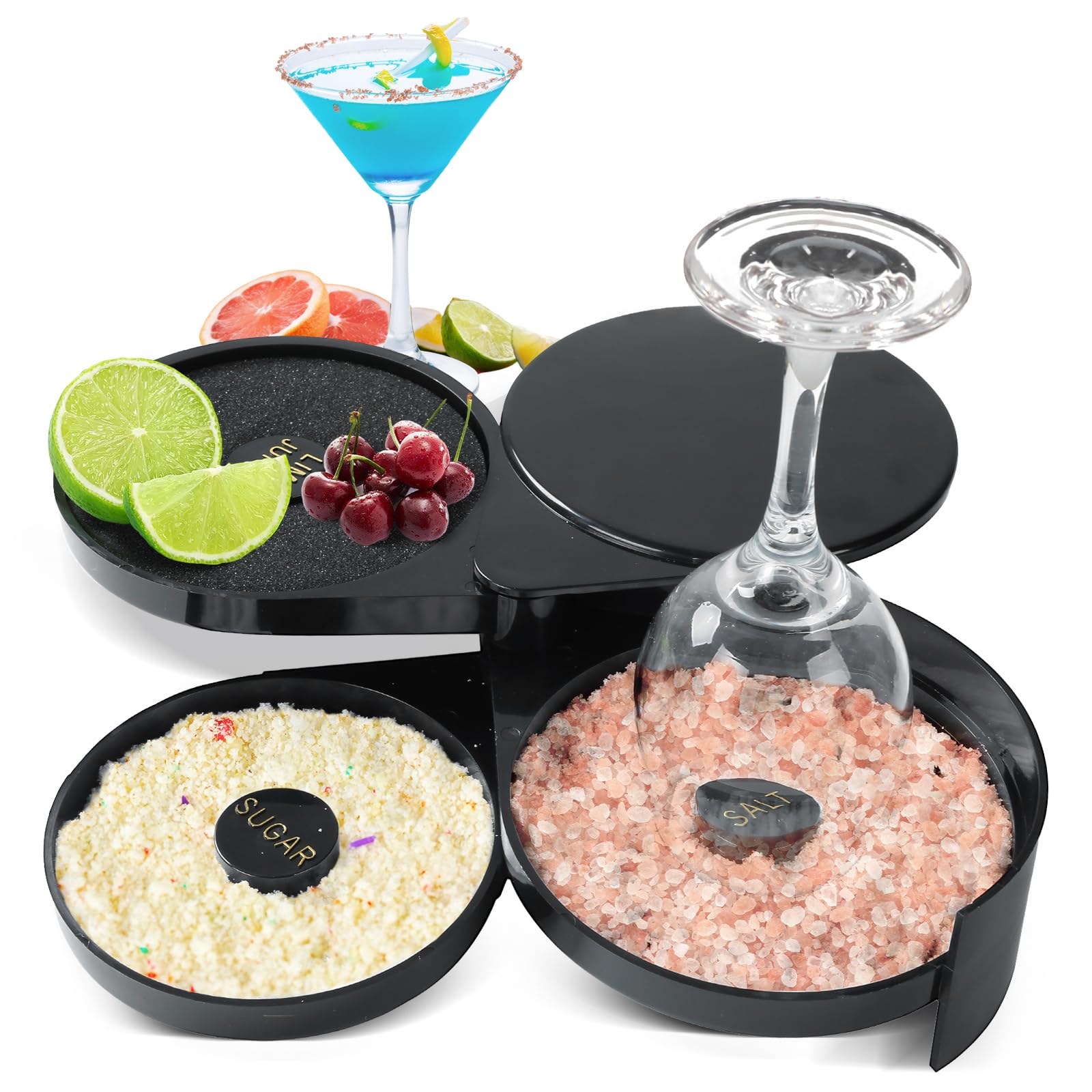 NATGAI 3-Tier Bar Glass Rimmer Bartender Tool | Bar Juice Cocktail Seasoning Box with 3 Swing-Out Trays, Sponge Included, Plastic Margarita Cocktail Bartender Tool, for Party, Bar, and Reception