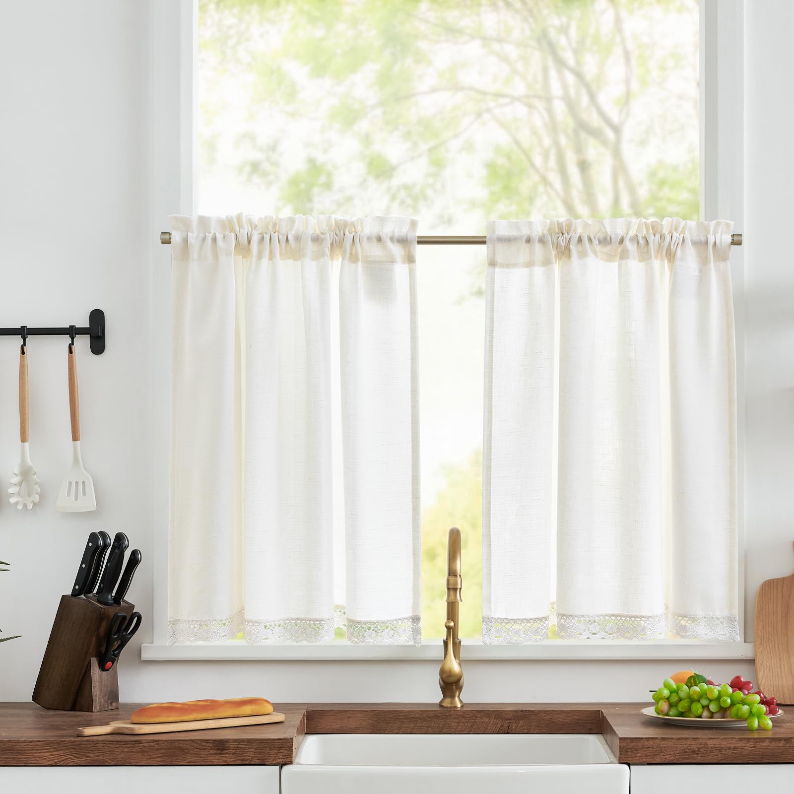 TOPICK Linen Blend Lace Kitchen Curtains, 24 Inch Drop Small Cafe Curtains, Solid Pattern Light Filtering Short Tiers for Bathroom, Sink, Cupboard, 2 Panels with Rod Pocket, White