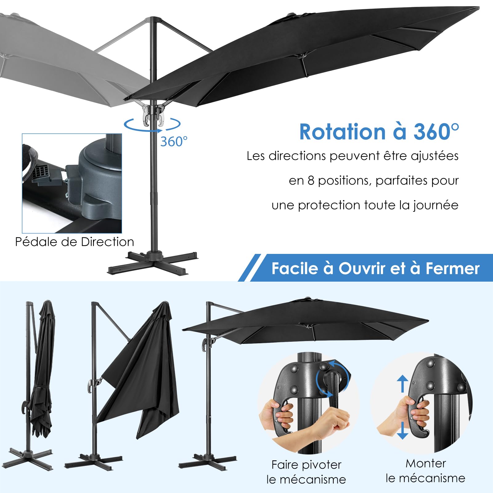 RELAX4LIFE Parasol Déporté Rectangulaire 3x3M Inclinable (Noir)