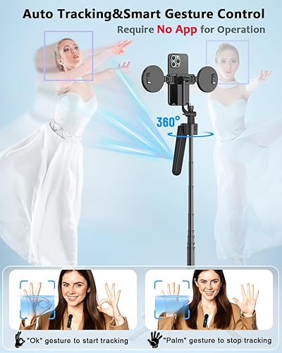 Miniatura 2 de Kit de vlogging para iPhone/Android, trípode de seguimiento facial automático de 63" para iPhone con luz, micrófonos inalámbricos, control remoto