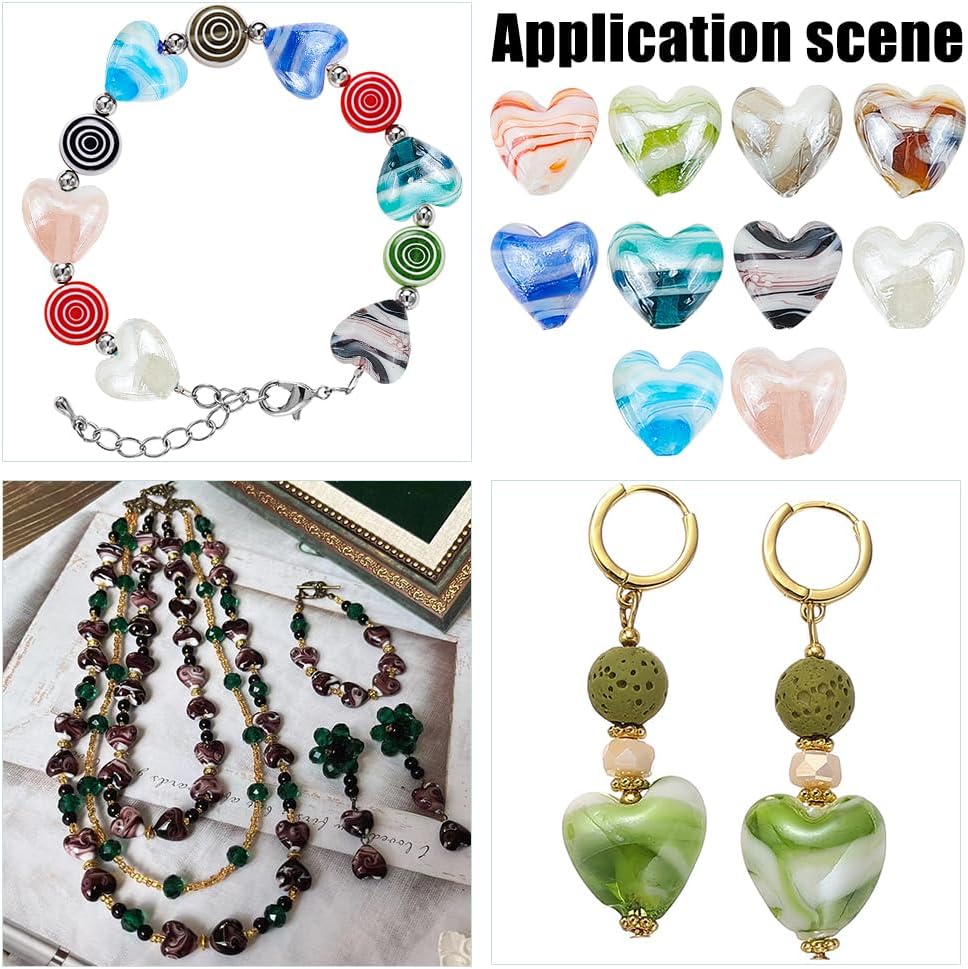 WADORN 50Pcs Handmade Heart Lampwork Beads, 10 Colors Heart Shape Glass Loose Spacer Charms for Jewelry Making Crafts Handmade Glass Beads for DIY Bracelet Neclace Crafting Finding 15.5-16.5mm