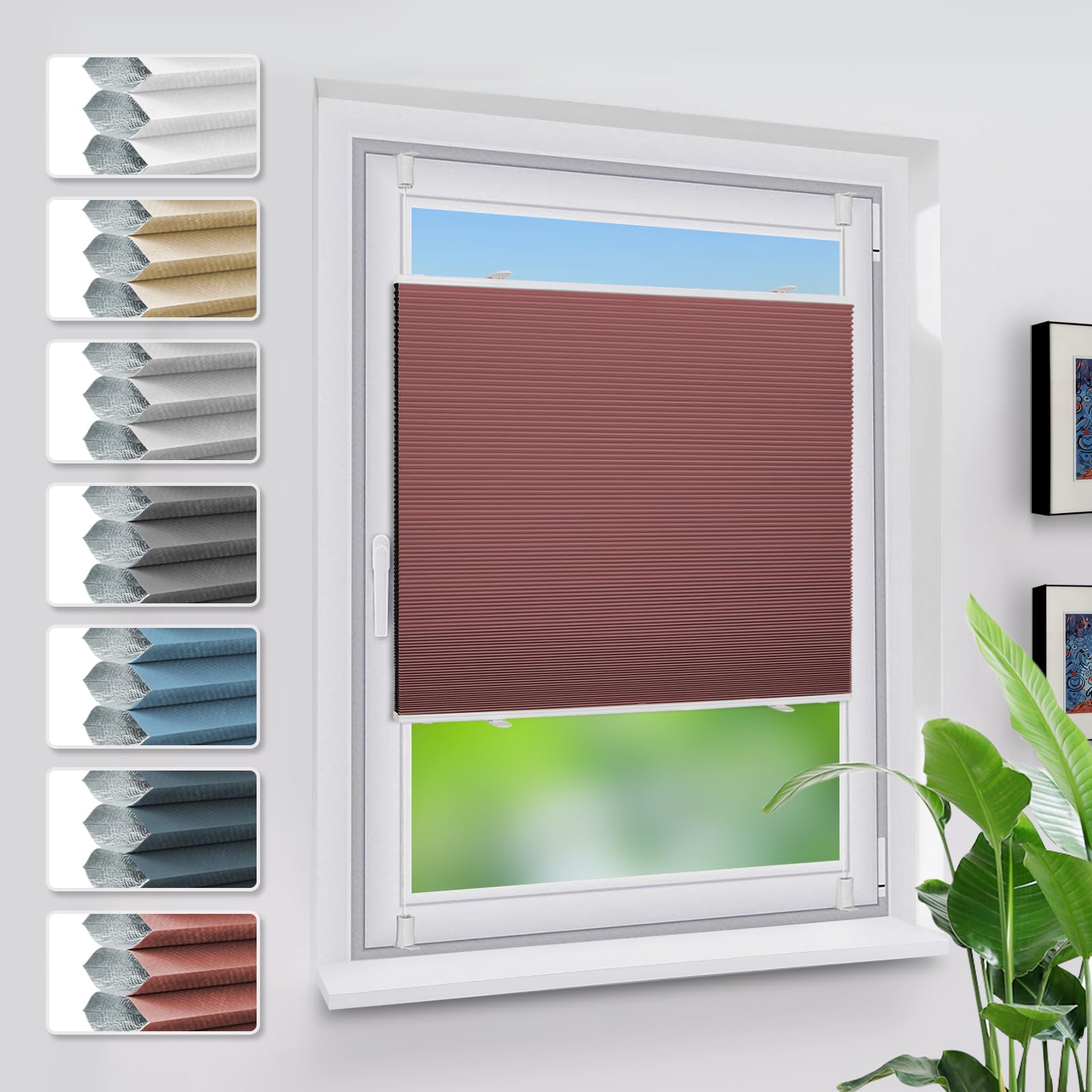 Grandekor Verdunklungsplissee Wabenplissee ohne Bohren Weiß-Weinrot 55x130cm (BxH) Klemmfix Plissee ohne Bohren Verdunkelung Thermo Rollo Wärmedämmung, Privatsphäre - & Sonnenschutz