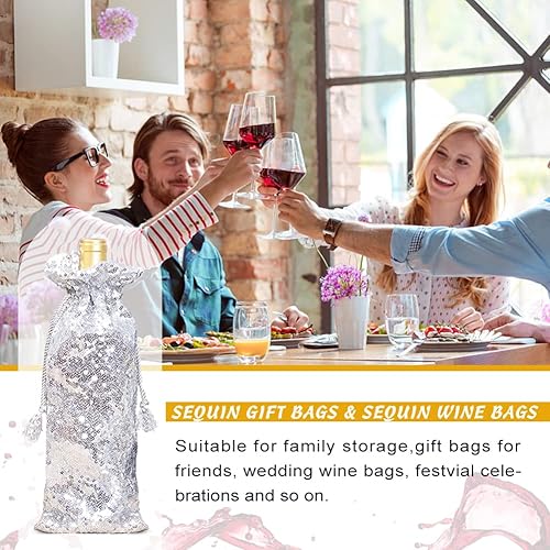 Miniatura 6 de Eternal Beauty 4 bolsas de regalo de vino con cordón, bolsa de regalo de botella de vino de lentejuelas para bodas de cumpleaños (14 x 6 pulgadas,