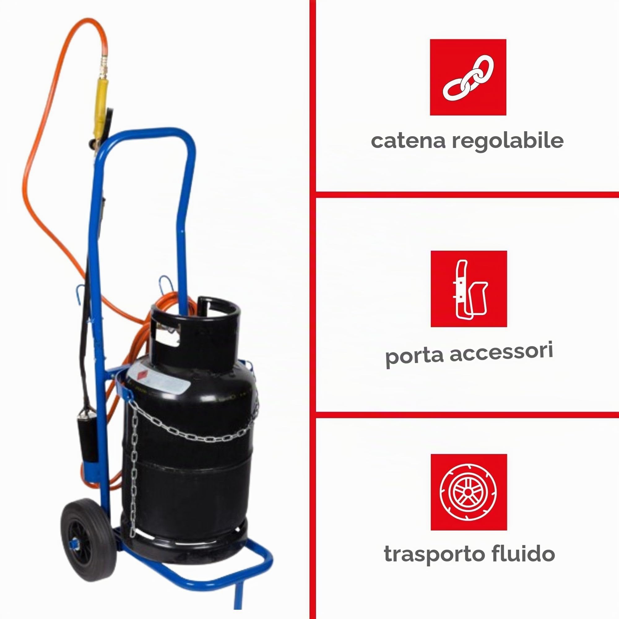 Toolland Carrello per bombole di gas blu portata 100 kg catena di sicurezza regolabile telaio in acciaio inox grandi ruote da 20 cm adatto per bombole di propano butano fusti di birra uso interno ed