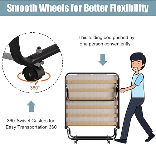 Miniatura 3 de DORTALA Cama plegable portátil, camas plegables con colchón de lujo, marco de metal súper resistente y resistente, cama sobre ruedas para el hogar y