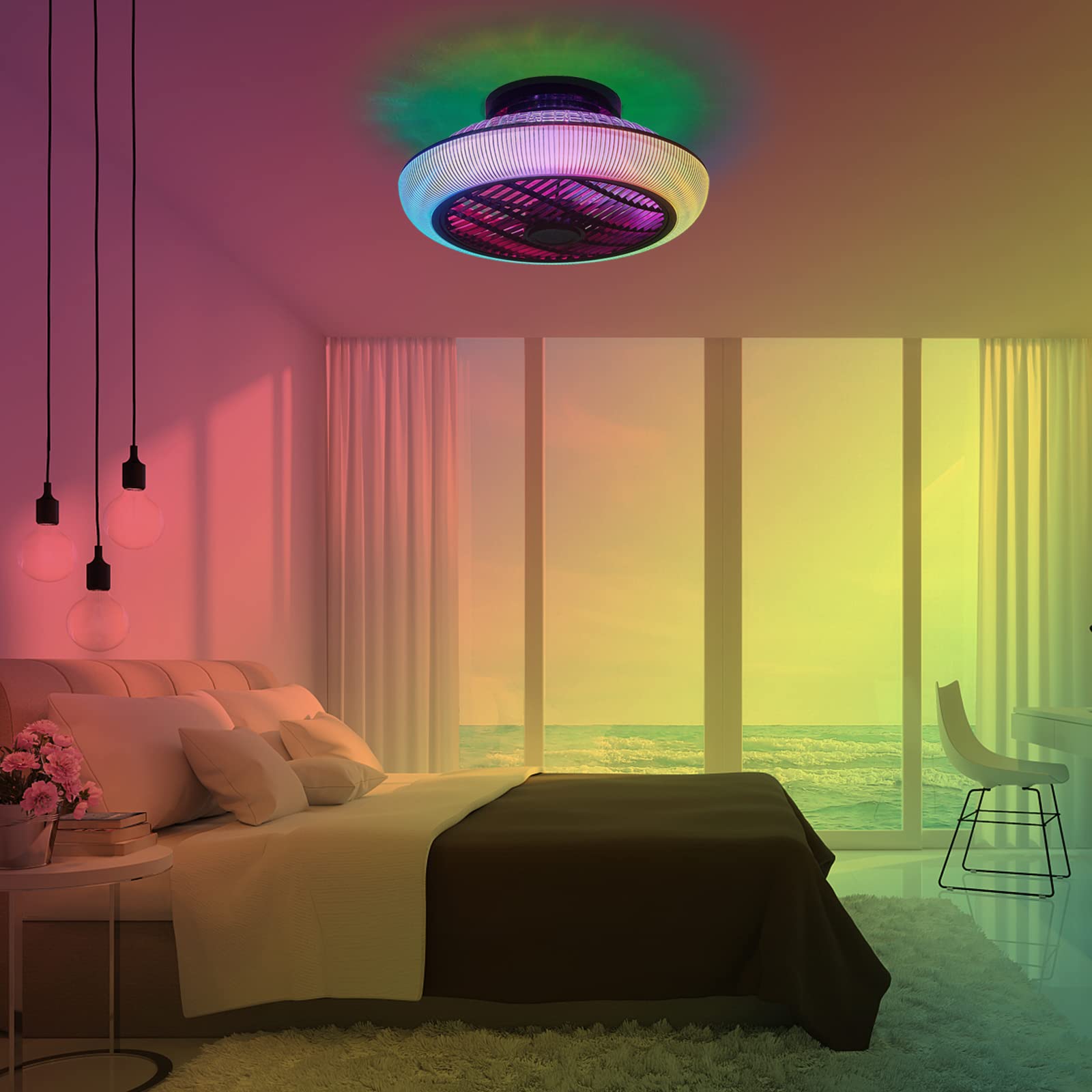 VOMI Ventilatore da Soffitto con Luce e Telecomamdo RGB Dimmerabile Lampadario Ventilatore da Soffitto Reversibile Silenzioso con Altoparlante Bluetooth Lampada con Ventilatore da Soffitto 6 Velocità