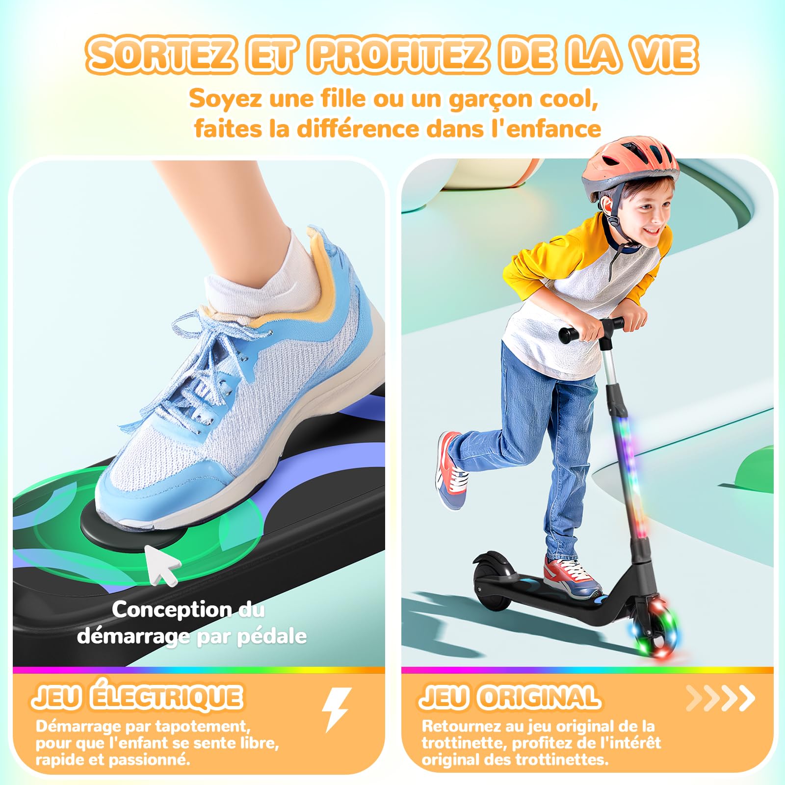 SISIGAD Trottinette Electrique Enfant 6-8-10 Ans Electric Scooter Kids 5.3 Pouces avec Lumière LED Colorée & 3 Hauteurs Ajustables, Scooter Électrique Enfant Charge Max 70 Kg, Vitesse Max 10 Km/h