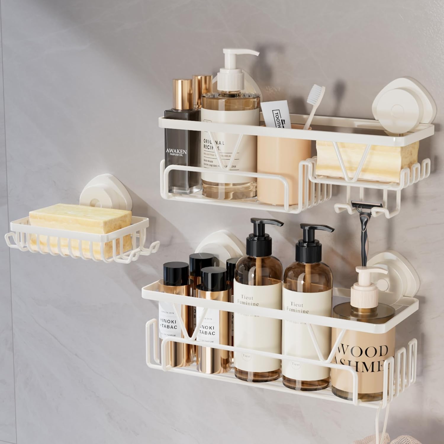 KEGII Shower Caddy Suction Cup 3 Pack Suction Bathroom Organizer Shelf with Soap Holder Hooks Rustproof Removable Shower