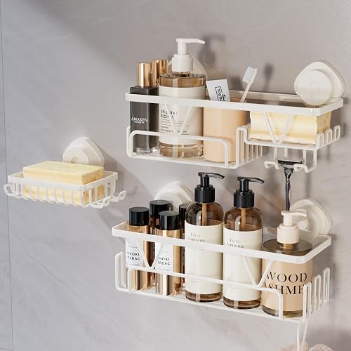 KEGII Shower Caddy Suction Cup – 3 Pack Suction Bathroom Organizer Shelf with Soap Holder & Hooks, Rustproof Removable Shower Organizer for Shampoo, Metal Bathroom Storage Rack, Cream White