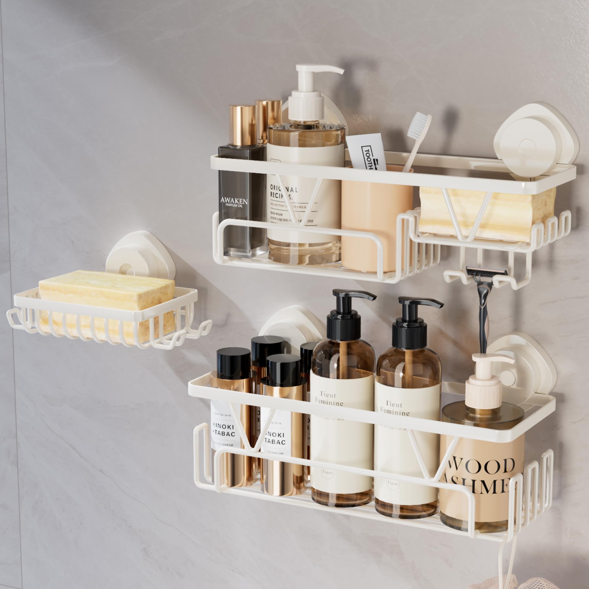 KEGII Shower Caddy Suction Cup 3 Pack Suction Bathroom Organizer Shelf with Soap Holder Hooks Rustproof Removable Shower