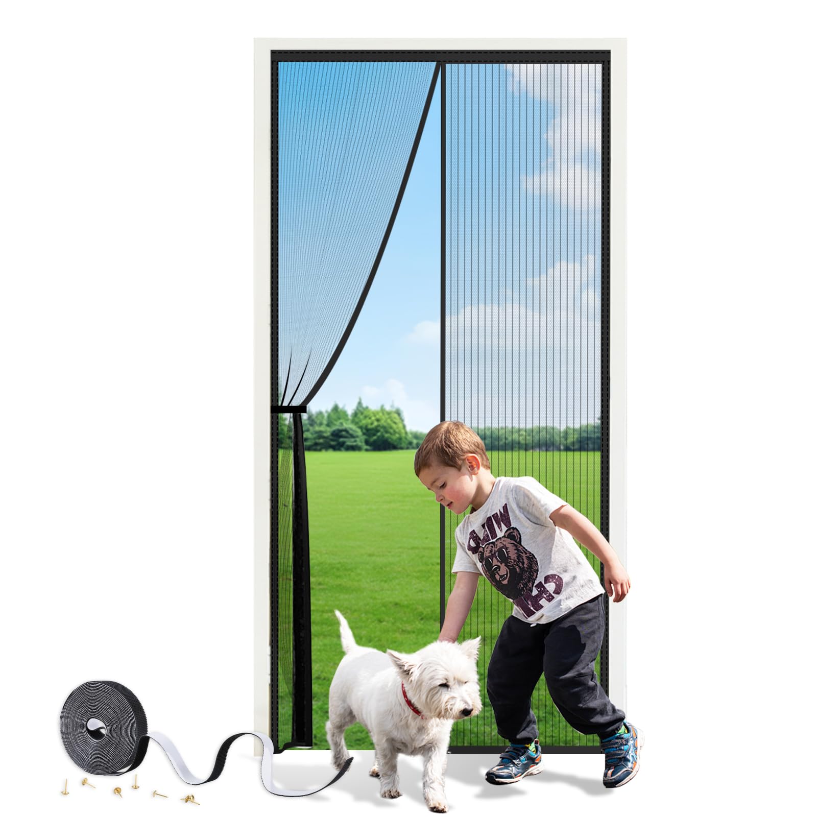 Smaluck Black Magnetic Door Screen, Heavy Duty Fly Screen Mesh With Powerful Magnets, Durable Mesh Curtains Keeps Bugs Out, Frame Hook & Loop, Kid And Pet Friendly, 90 X 210 Cm,