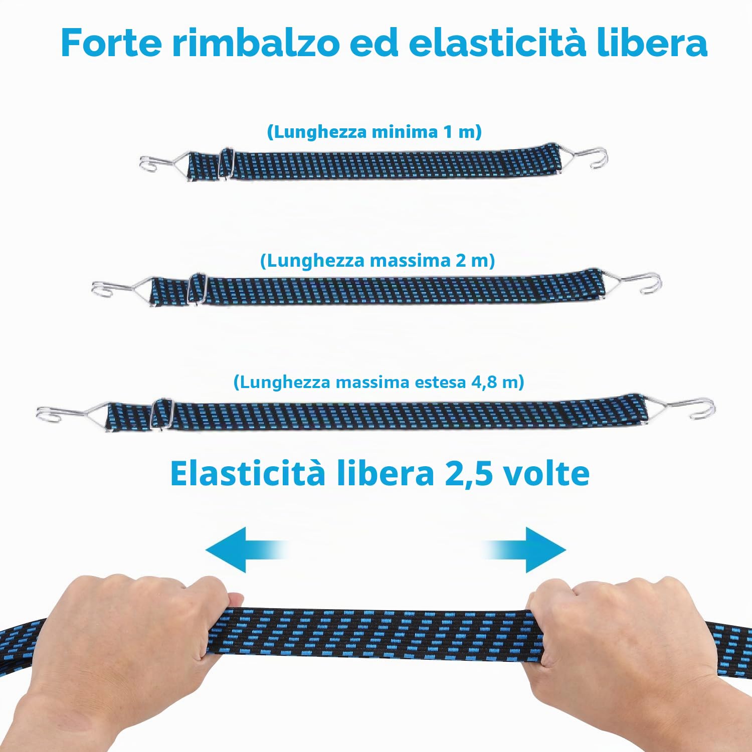 Elastico con Gancio 8 Pezzi, 2M Cinghie Elastiche portapacchi, 2,5 volte l'elasticità, Corde Elastiche Regolabile per bicicletta e moto, per il fissaggio del carico, larghezza 30mm