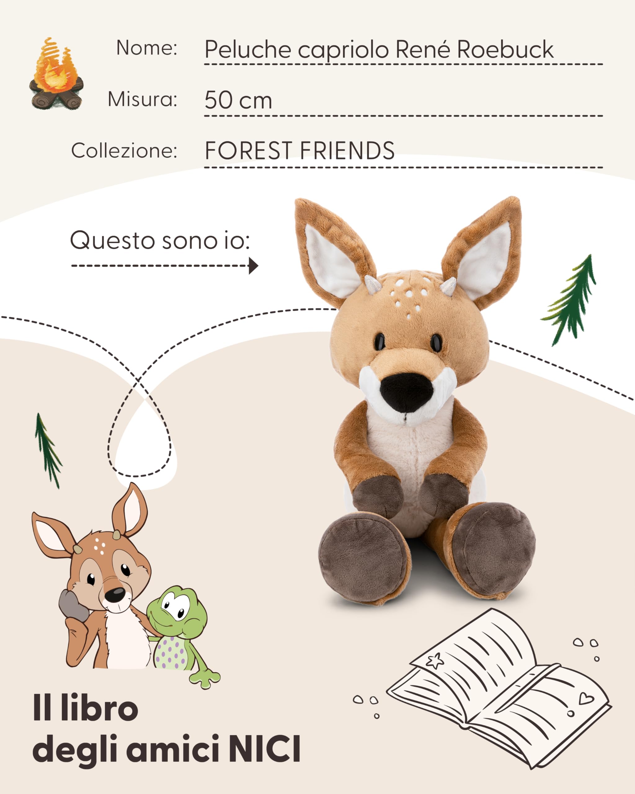 NICI 62274 René Roebuck Capriolo di peluche, morbido, tenero pupazzo per coccole e giochi, per adulti e bambini, 50 cm, marrone