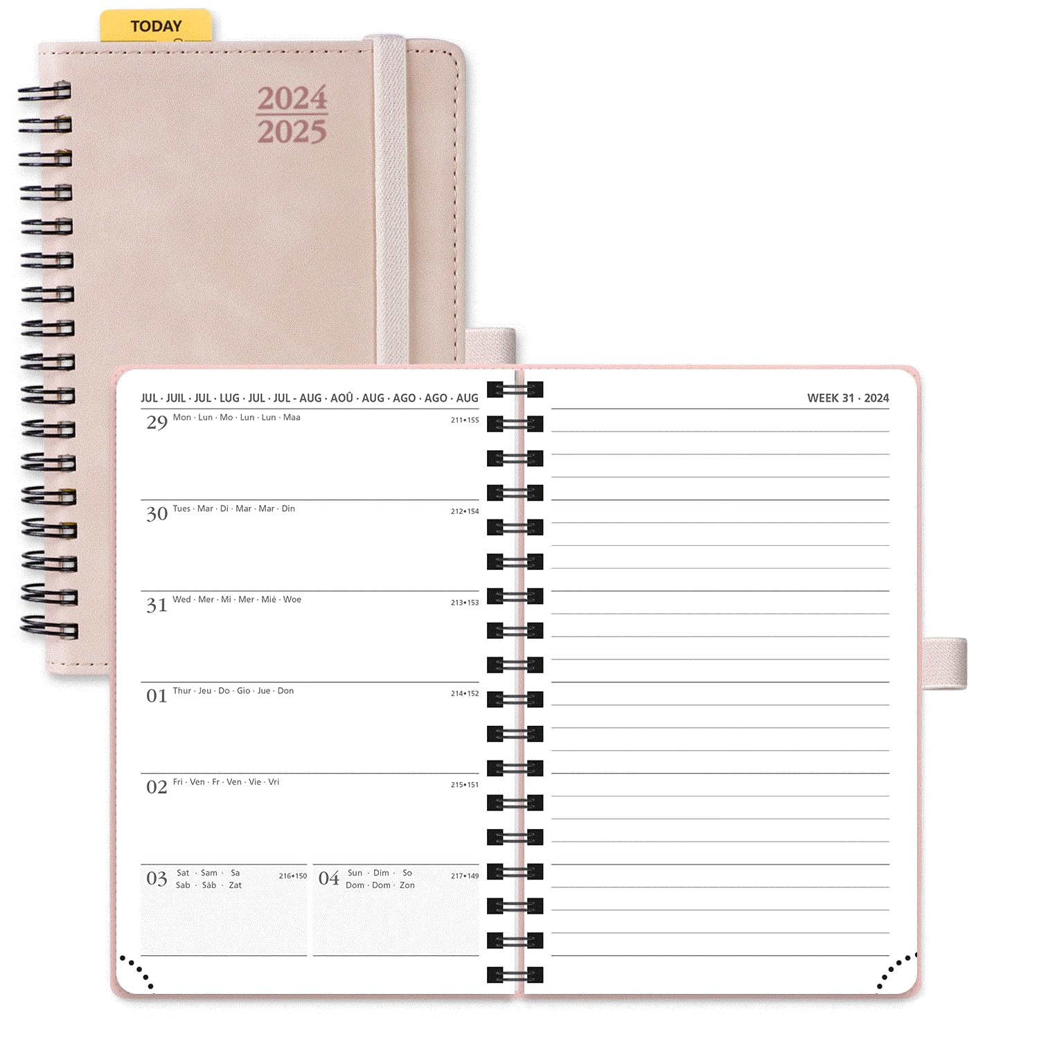 POPRUN Agenda 2024 2025 Pequeña de Bolsillo Espiral 16 x 10,5 cm, Una Página por Semana con Una Página de Notas (17 Meses de Ago.2024 - Dic.2025), Papel Certificado FSC® 80 GSM, Rosa Pálido