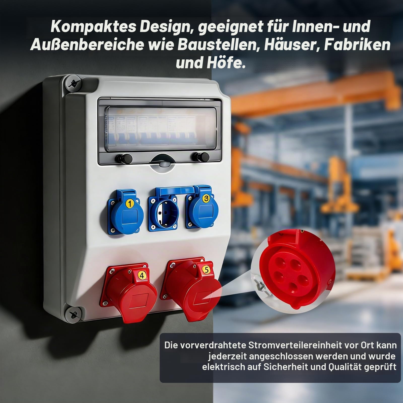 Baustromverteiler 230V 16A, Wandverteiler mit FI-Schutzschalter und LS-Schalter, 4 x Schuko Steckdosen und CEE-Steckdose 16A Stromverteilung, Stromverteilung für Baustellen und Innenbereiche (1)