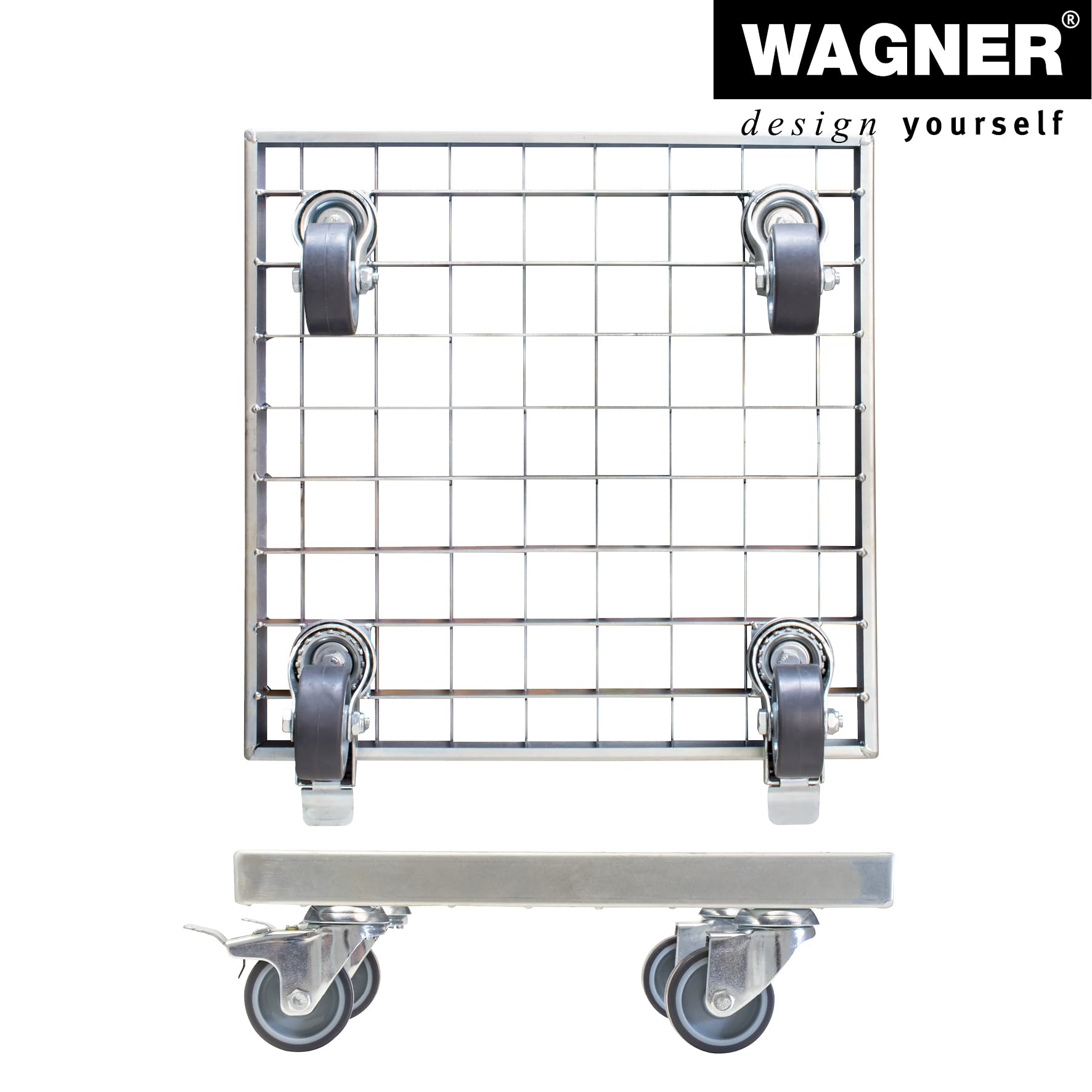 WAGNER Support à roulettes pour pot de fleur INDUSTRIAL STYLE 29 x 29 x 9,5 cm I intérieur+extérieur I Acier grille galvanisé argent I 2 freins I Capacité de charge 150 kg I Made in Germany - 20701501