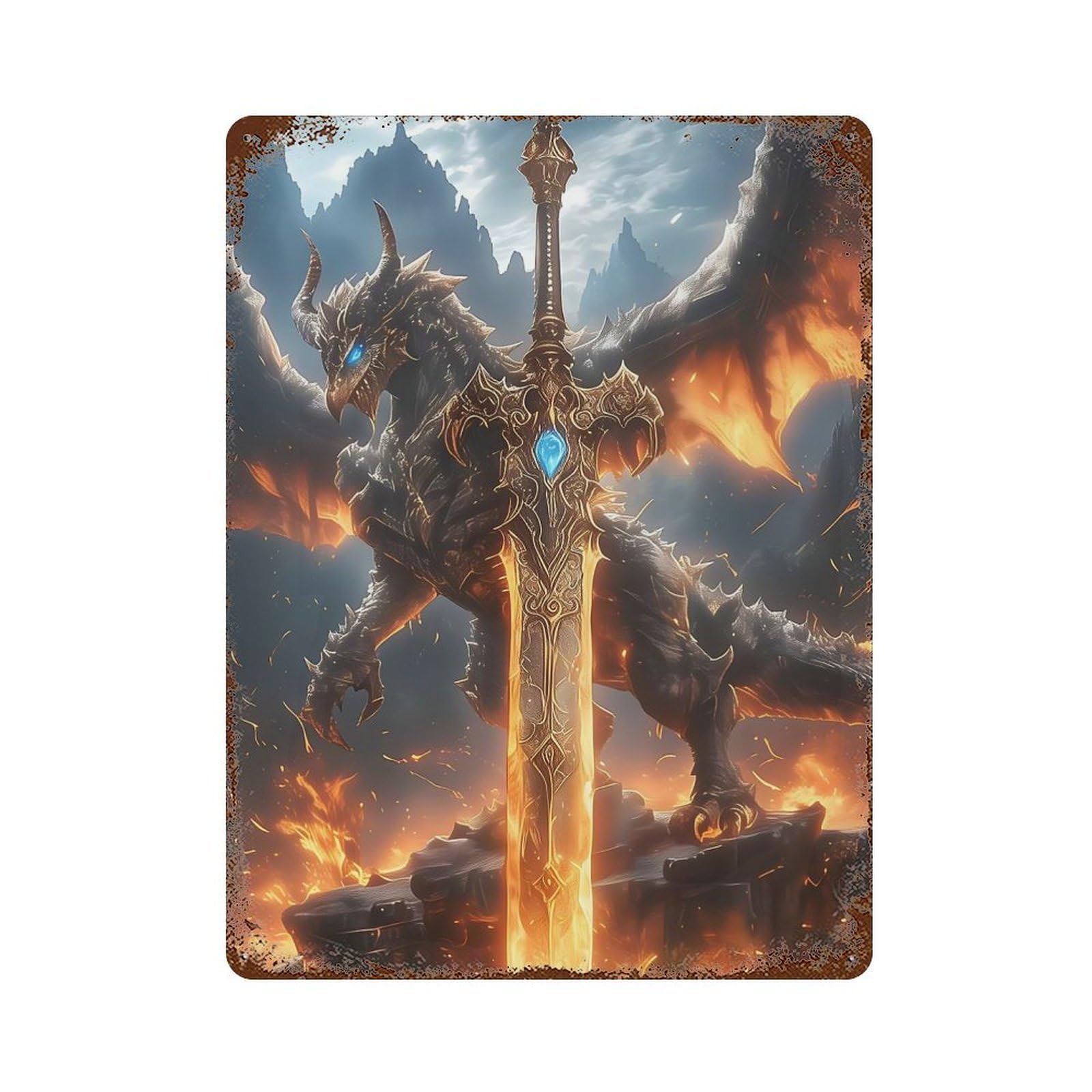 Majestic Dragon King Vintage Wall Sign 15.7"x11.8", Rust Effect Metal Decor for Bistro, Counter And Cafe Decor