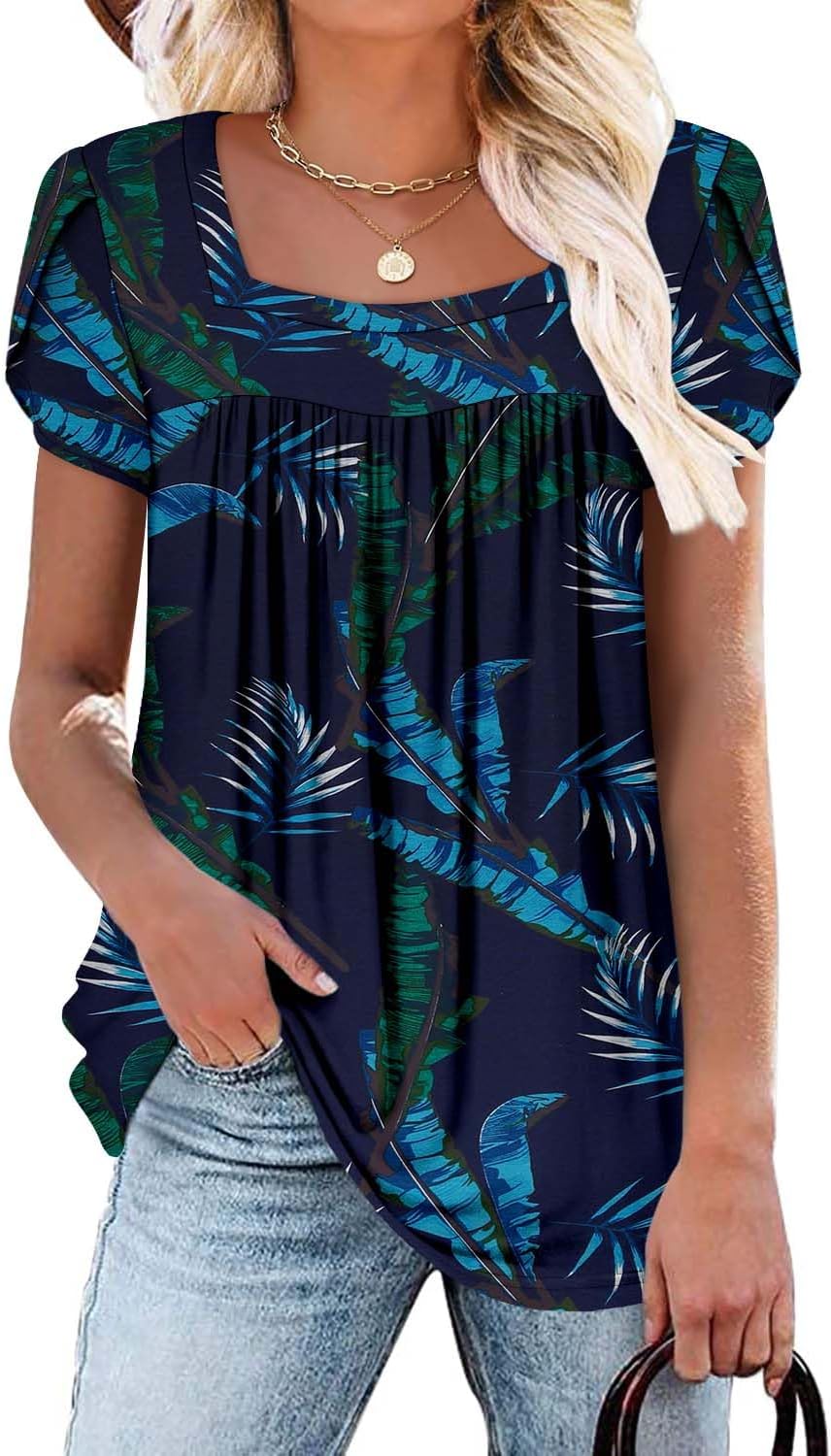 BETTE BOUTIK Womens Summer Tops Short Sleeve Pleated Square Neck Tunics Shirts Blouses S-3XL