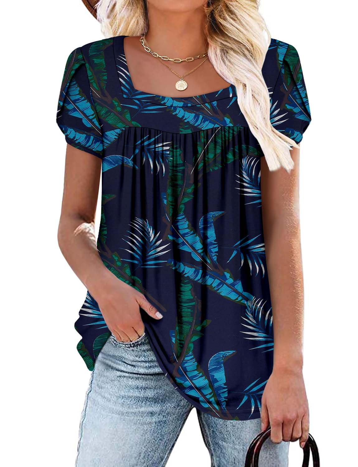 BETTE BOUTIK Womens Summer Tops Short Sleeve Pleated Square Neck Tunics Shirts Blouses S-3XL