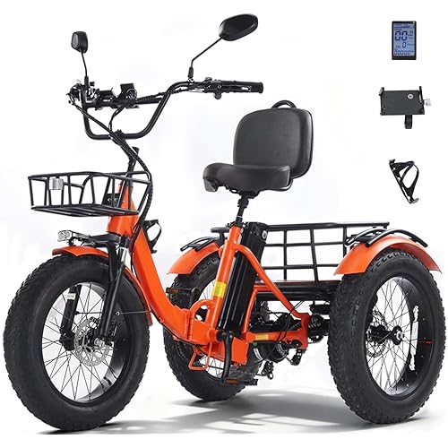 KAKIGO Electric Tricycle for Adults,Peak 1350W Motor Etrike,48V15.6Ah Ebike,20"x4"Fat Tire Aluminum Folding Electric Trike,3-Wheel Electric Bike,20MPH,Front&Rear Basket&Differential
