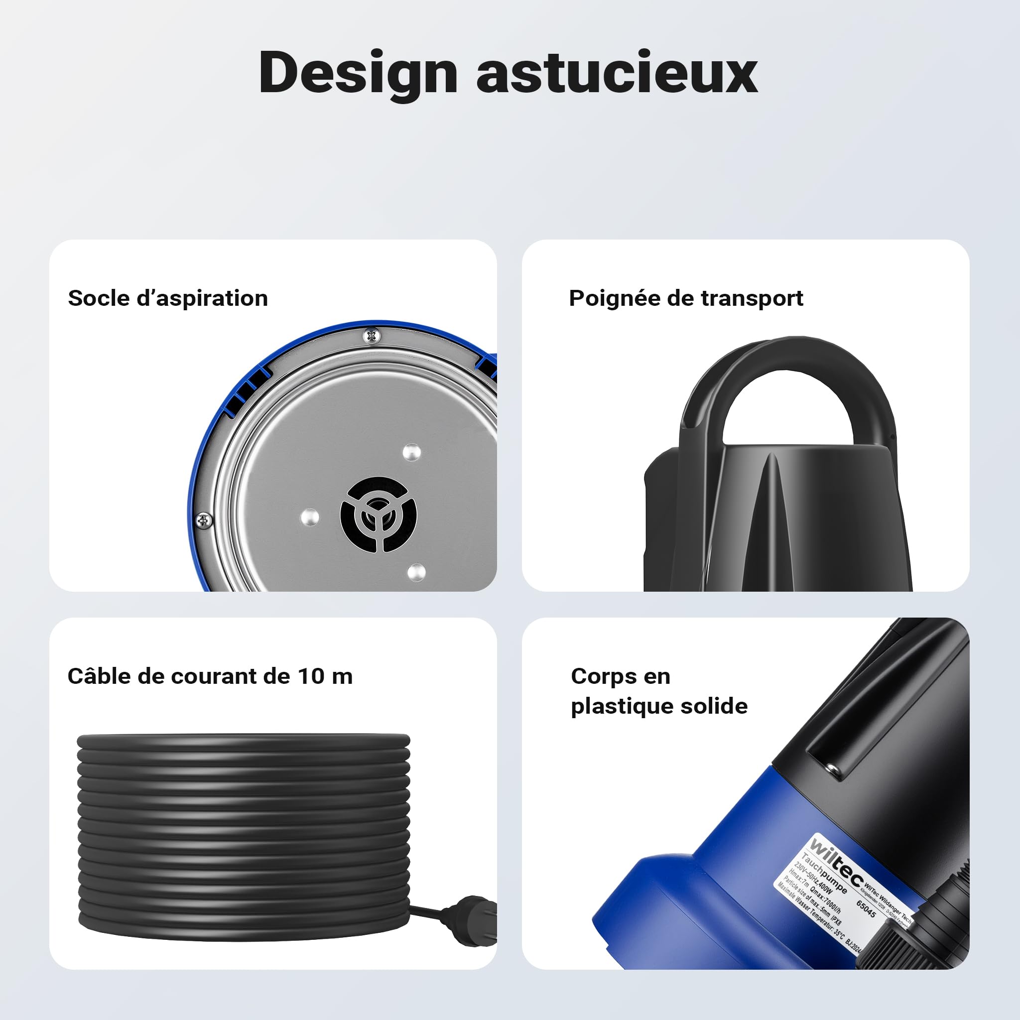 Wiltec Pompe à eau immergée à aspiration plate 400 W – Jusqu’à 1 mm – 7000 l/h – Refoulement max. 7 m, profondeur max. 7 m – Capteur de niveau d’eau – Pompe submersible Eau propre
