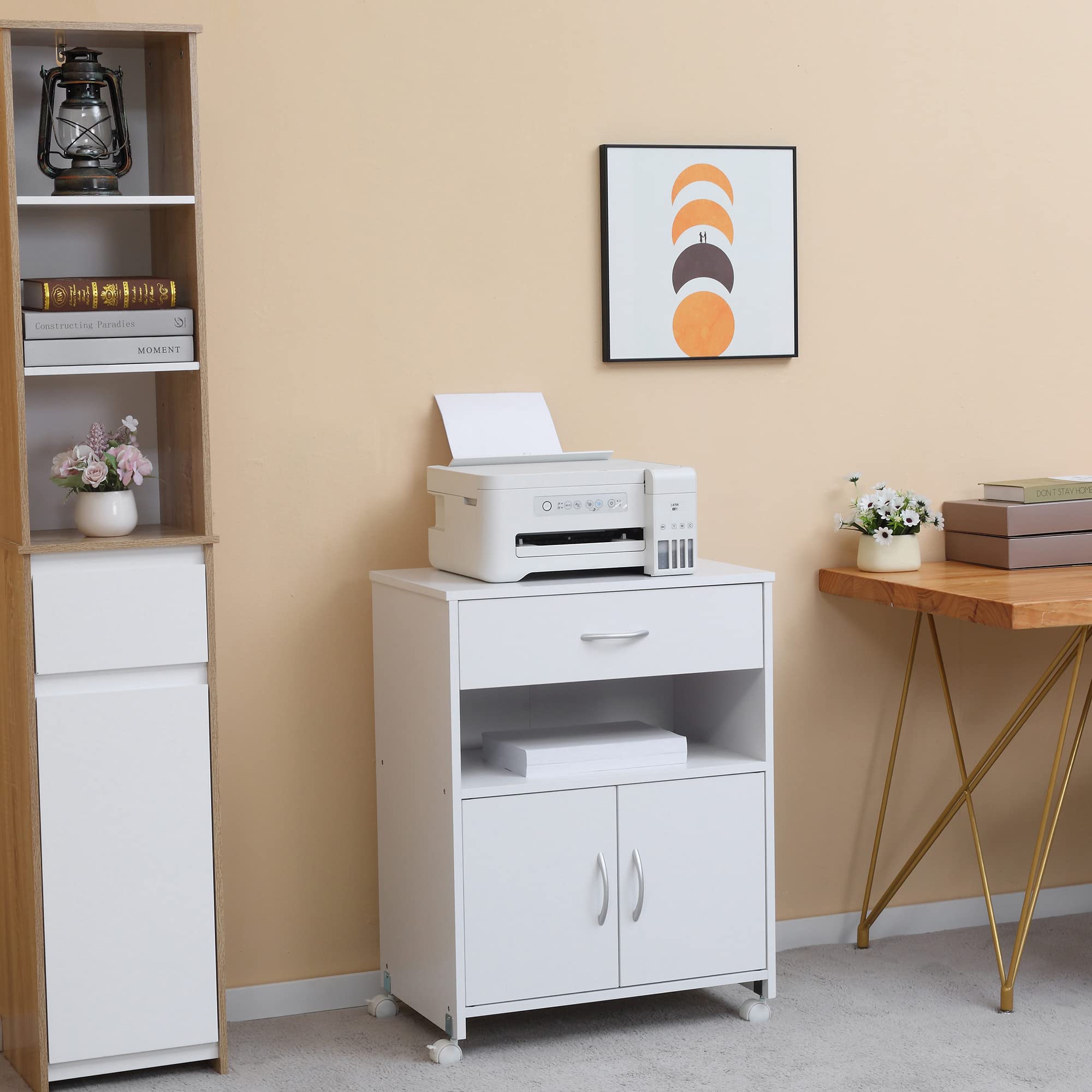 Vinsetto Armario para Impresora Soporte para Impresora con Ruedas Mueble Impresora con Cajón 2 Puertas y Compartimiento Abierto para Salón Oficina Estudio 60x39x80 cm Blanco