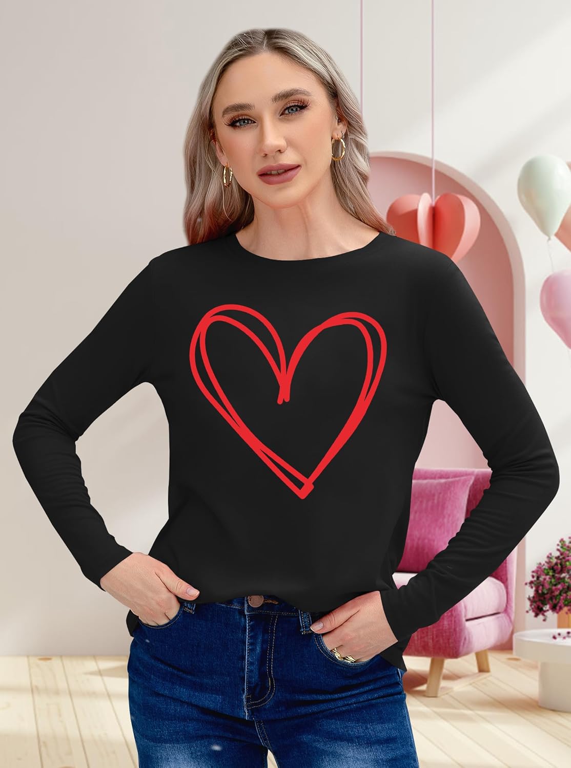 PECHAR Valentines Shirts Women Lover Heart Graphic Shirt Pullover Long Sleeve Tee Tops - Image 4