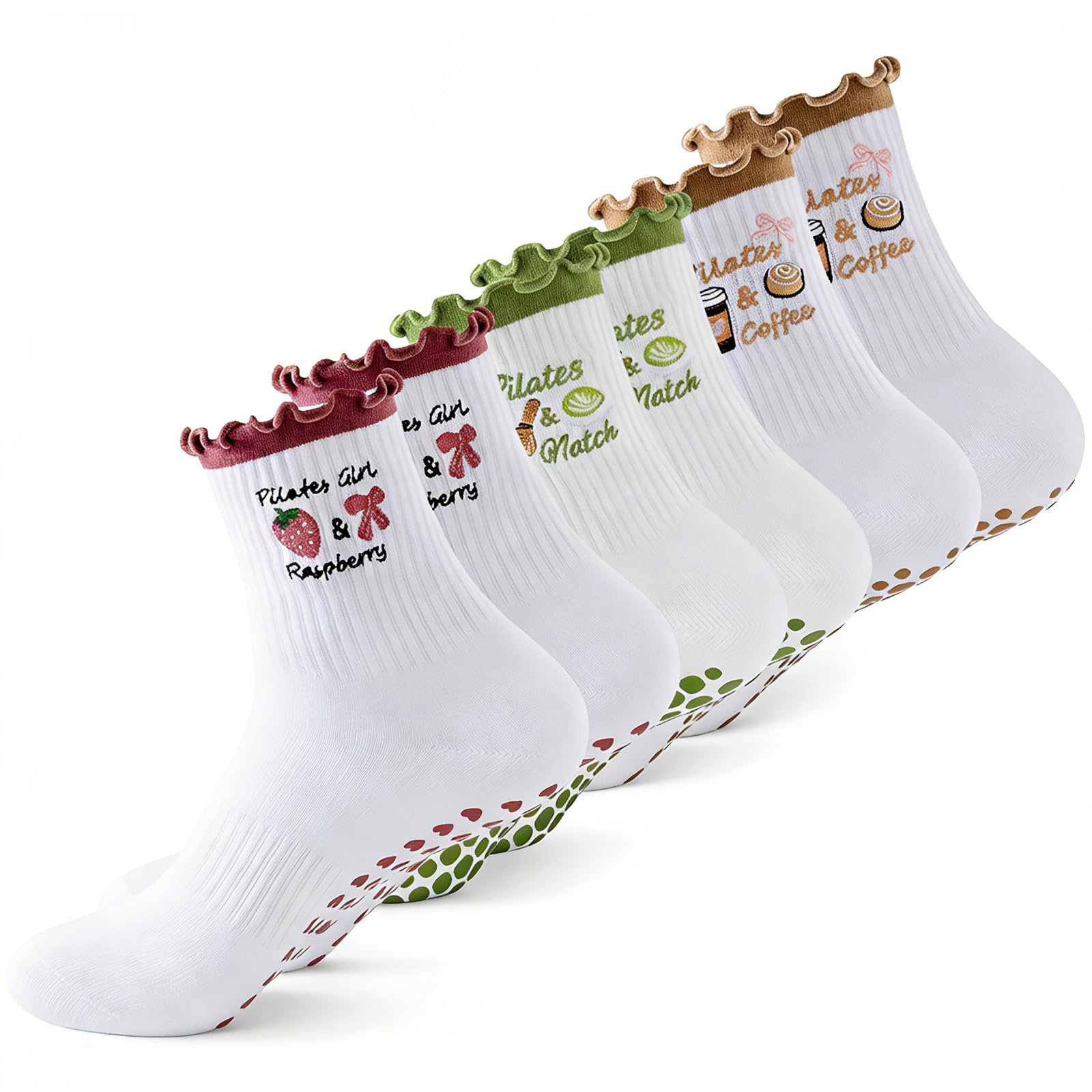 Amoturuxient Women's Green+Khaki+Red 3 Pairs Pilates Socks Non Slip Grip Yoga Reformer Pilates Socks With Silicone Sole, Breathable Embroidered Cuff Socks For Barre, Dance, Gym Home Workout (Green+Khaki+Red)