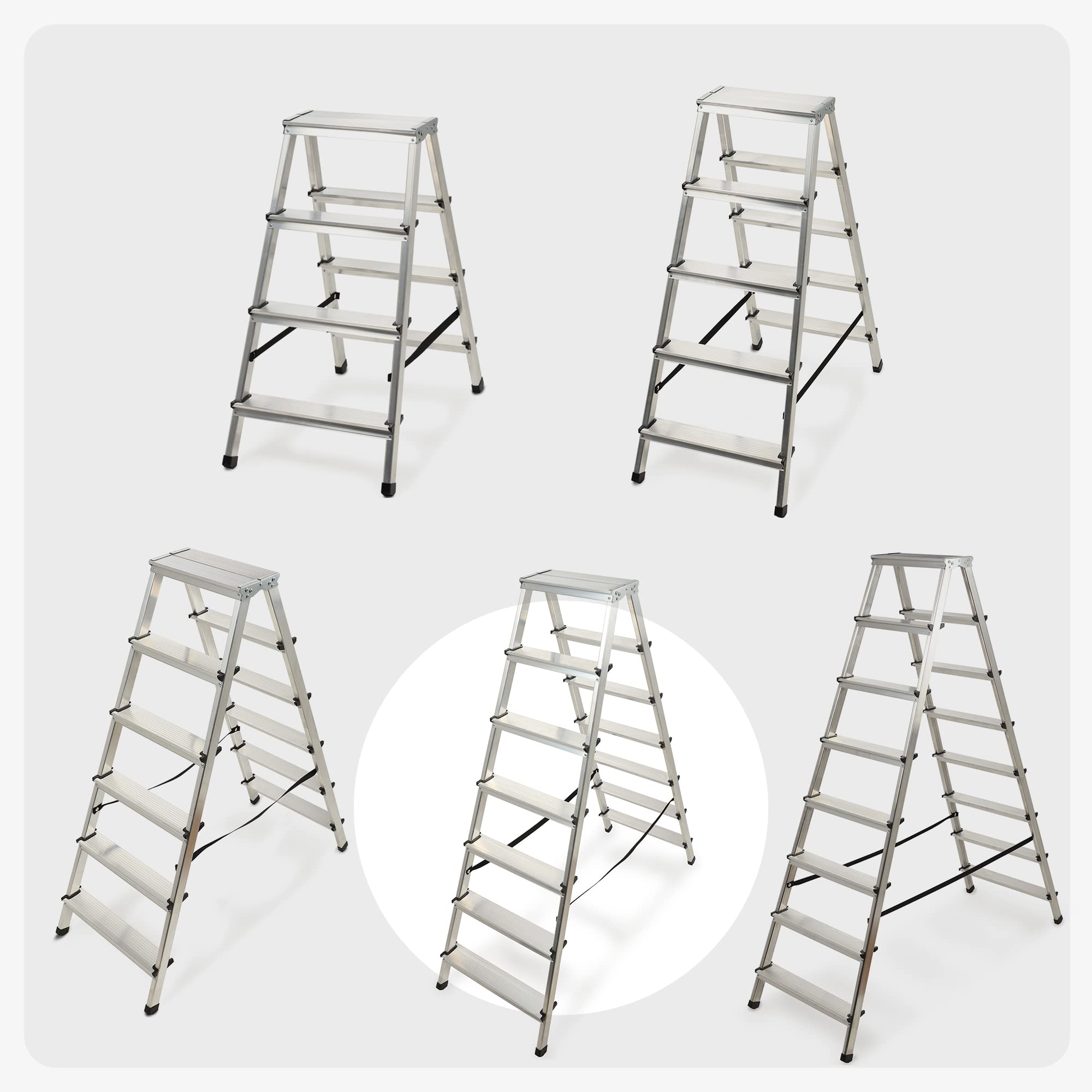 KADAX Escalera de Doble Cara de Aluminio con 7 Peldaños Antideslizantes, Capacidad de Carga de 125 kg, Plataforma de Trabajo y Diseño Plegable (145 x 50.5 cm)