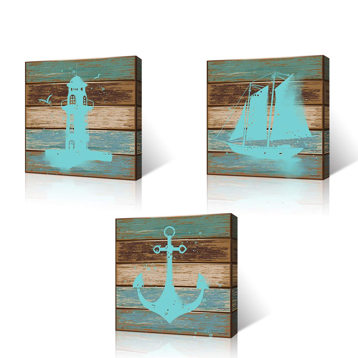 VVOVV Wall DecorNautical Canvas Wall Art Navigation Lighthouse Anchor Sailingboat Painting Art Prints on Canvas With Inner Wood Frame Ready to Hang (12x12inchx3pcs, Anchor-1)
