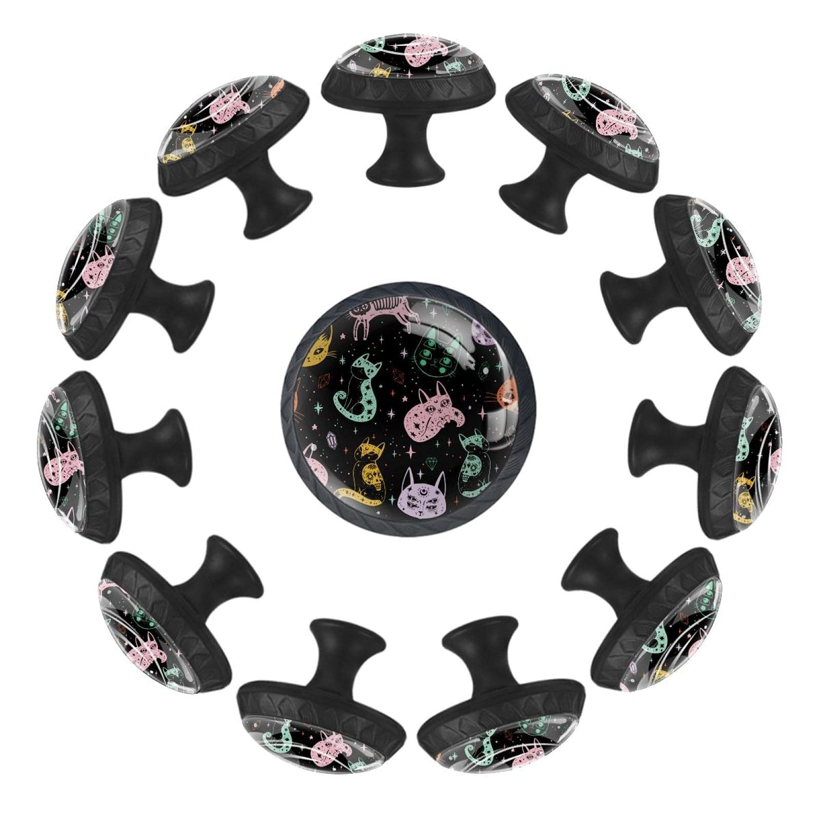 Boutons de meuble chat de dessin animé 12 pièces poignée de porte ronde noir