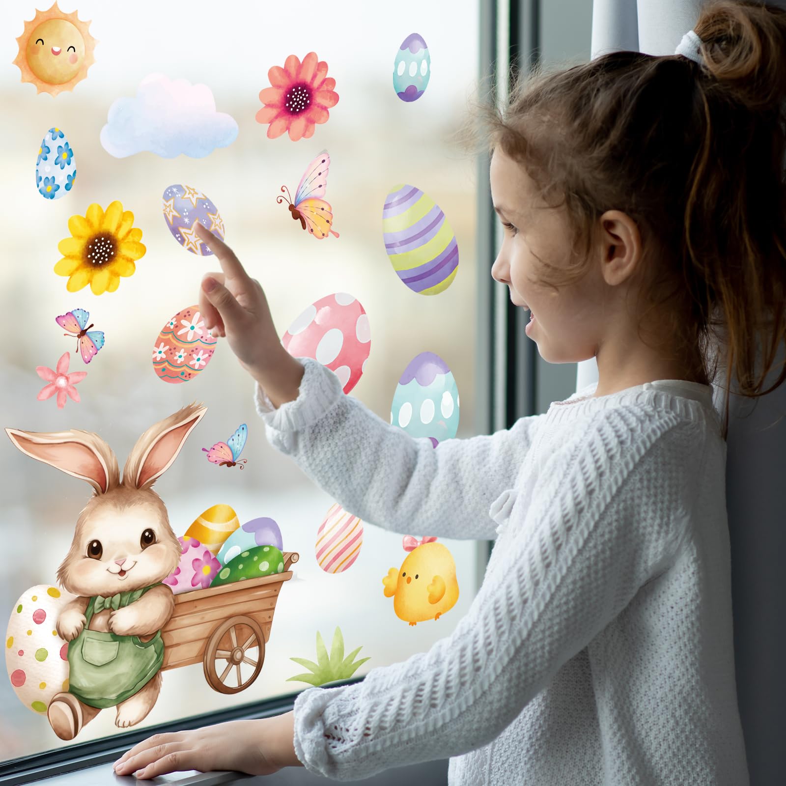 Joeyan 70 Pezzi Adesivi Pasqua per Finestre,9 Fogli Vetrofanie Removibili con Conigli,Uova,Fiori e Farfalle,Stickers a Doppio Lato