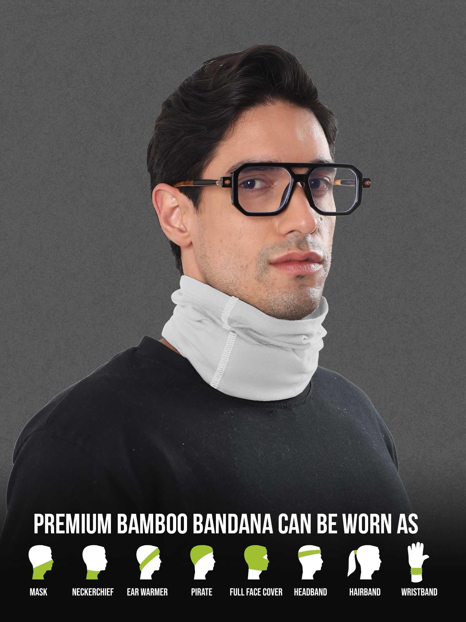 Freecultr Unisex Bamboo Bandana, Anti Microbial Super Soft & Comfort Fit, Breathable Multipurpose Headband, Face Mask for Dust Protection and Sun - Printed Pack of 2-Charcoal,White 1