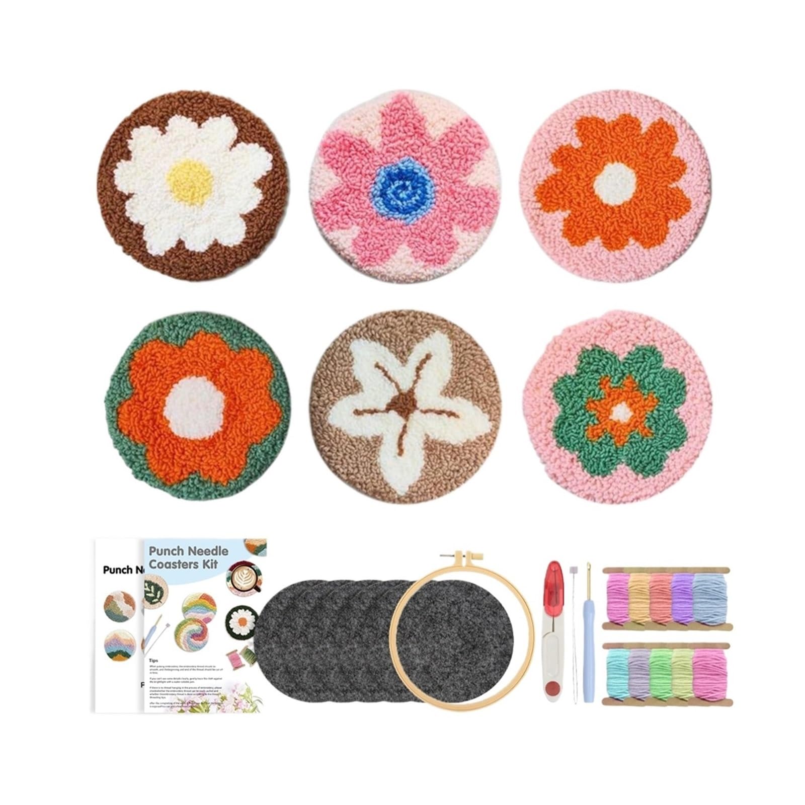 1set Pattern DIY Punch Needle Embroidery Craft Set 6 Pcs Coasters Kit For Beginners Tufting Coaster Art for DIY(Color2)
