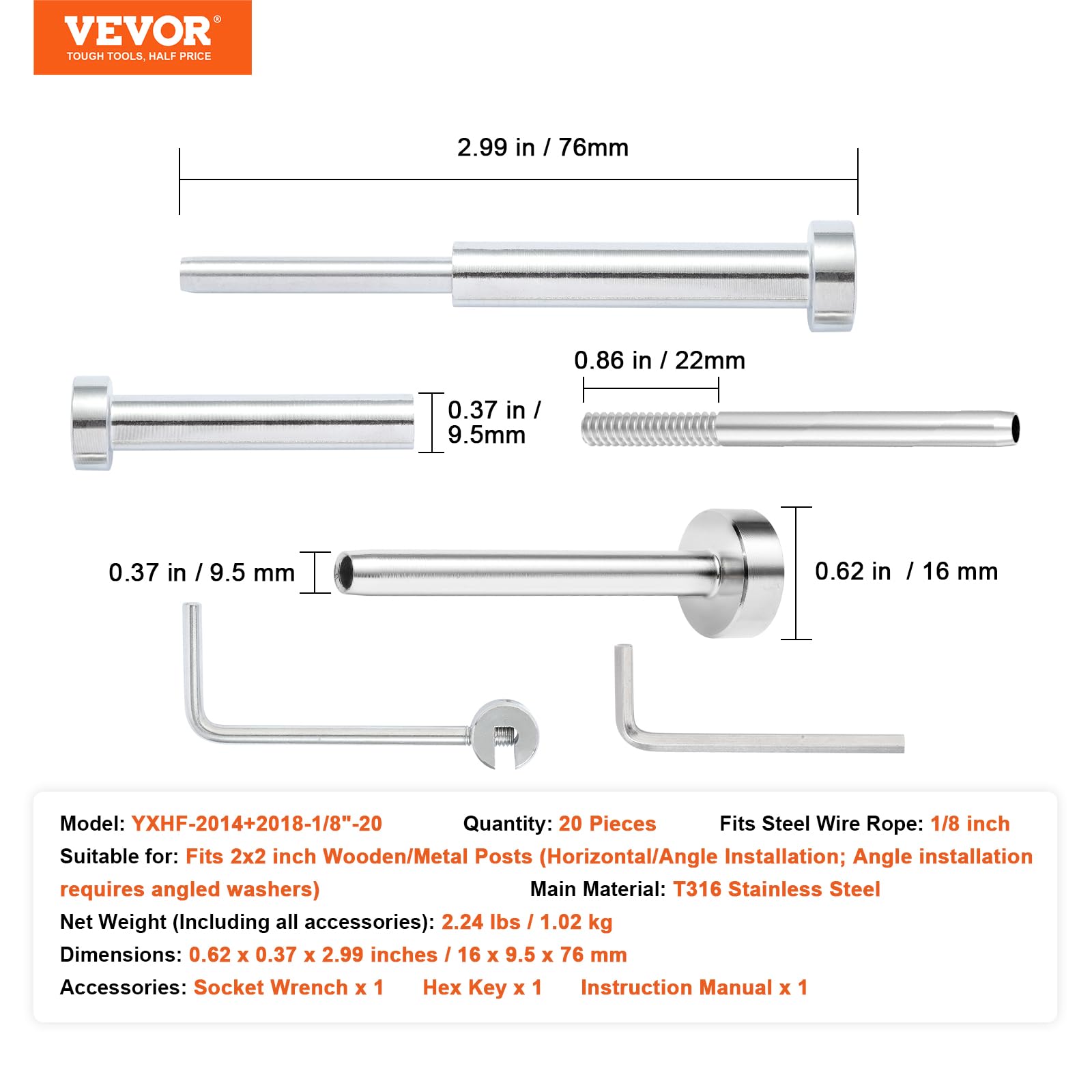 VEVOR Kit di ringhiere per cavi invisibili da 20 pezzi, ricevitore invisibile da 1/8" in acciaio inossidabile T316, tenditore a pressare da 1/8" per montanti in legno/metallo