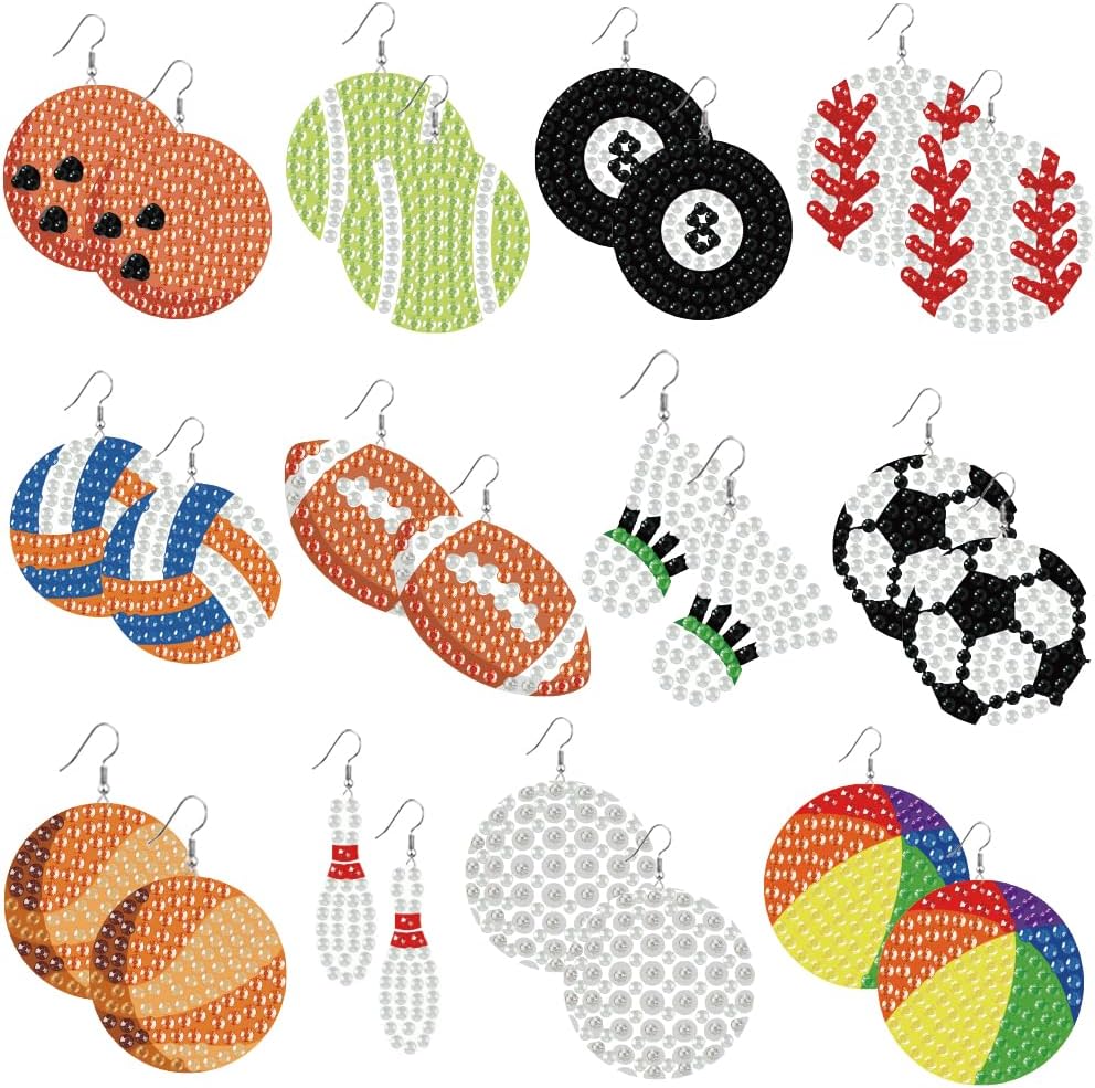 beinkmake 12Pairs Diamond Painted Earrings Making Kit Sports Ball Diamond Art Earring Set 5D DIY Acrylic Diamond Earrings for Adults Craft Party Festival Game Gifts