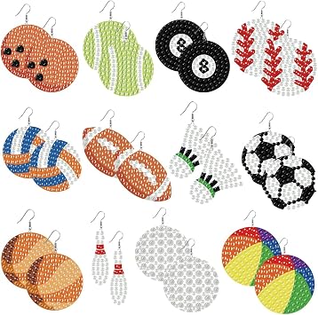 beinkmake 12Pcs Diamond Painted Earrings Making Kit Sports Ball Pattern Diamond Art Painted Earring Kits, Diamond Painteds Drop Earrings Jewelry Making for Women Handmade Gifts