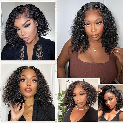 Miniatura 6 de Xinjiju Pelucas de cabello humano rizado con encaje frontal (16 pulgadas, color negro natural)