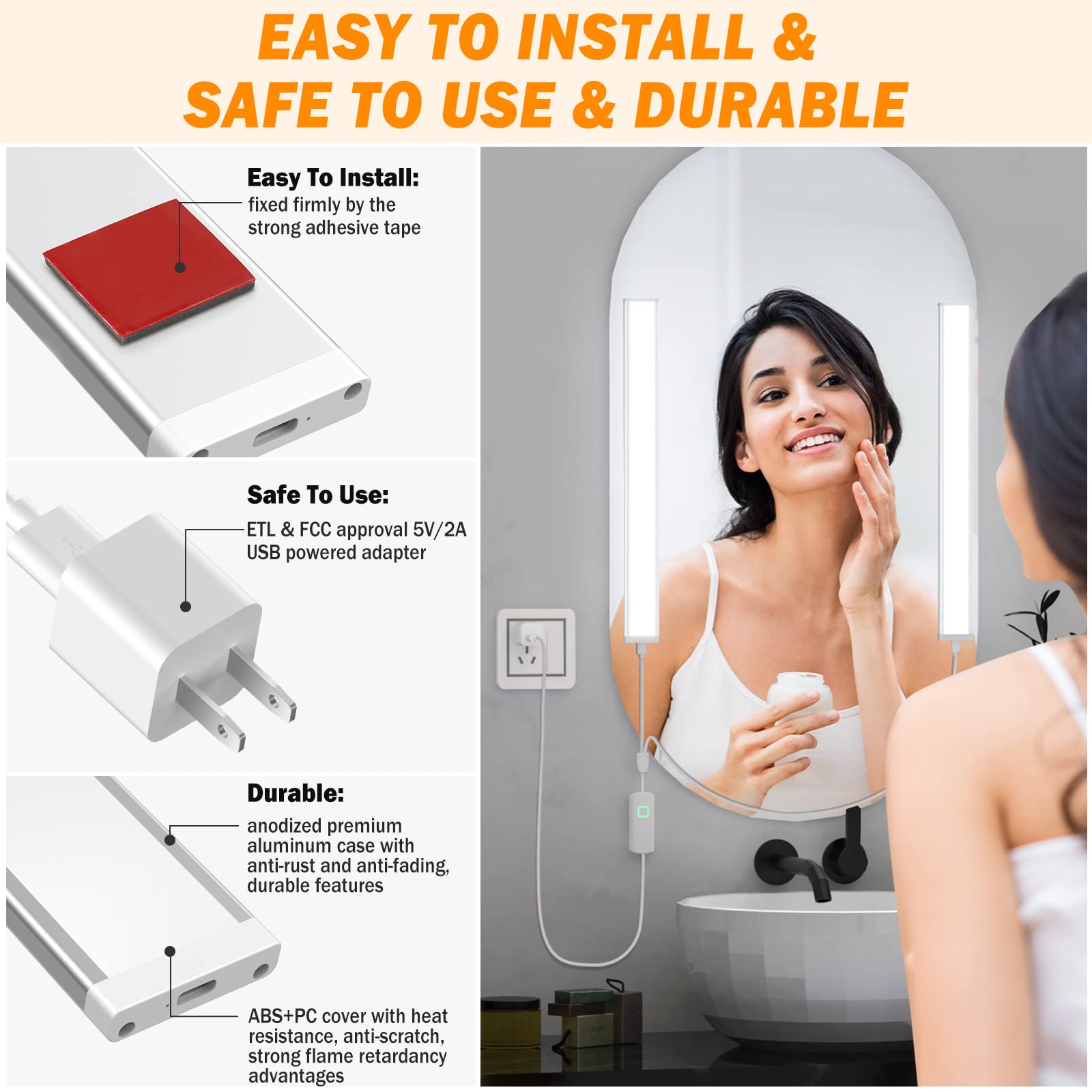 MY BEAUTY LIGHT Luci LED da trucco per specchio, luminosità dimmerabile e temperatura di colore variabile LED per trucco, luci a specchio resistenti da attaccare 5 V alimentate tramite USB