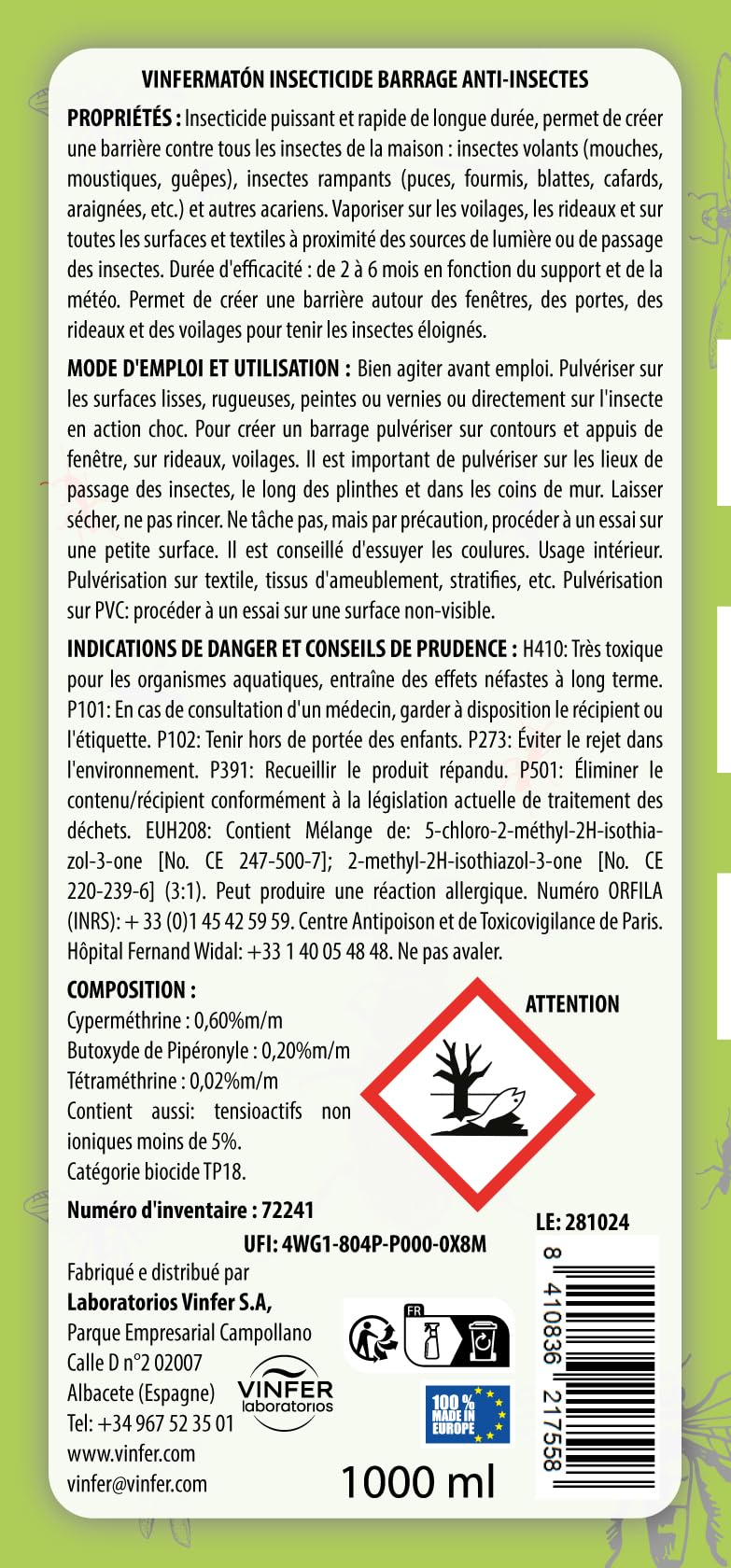VINFERMATON – Insecticide Liquide Barrage Anti-Insectes 1 L | Longue Durée 2-6 Mois | Tous Insectes Volants & Rampants | Pistolet Prêt à l'Emploi | Ne Tache Pas
