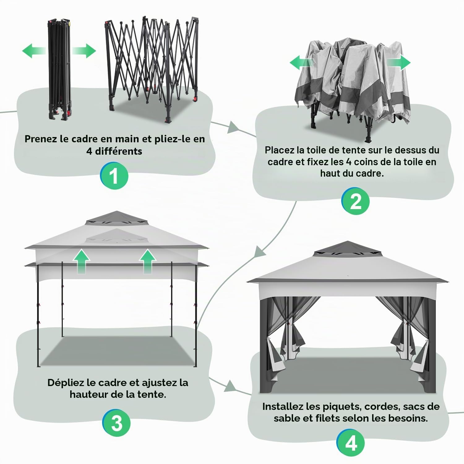 Pavillon 3x3m Étanche Stable, Double Toit Pavillon de Jardin, avec Moustiquaire Cadre Métallique, Bâche Tente de Fête Gazebo pour 2-4 Personnes (Gris)