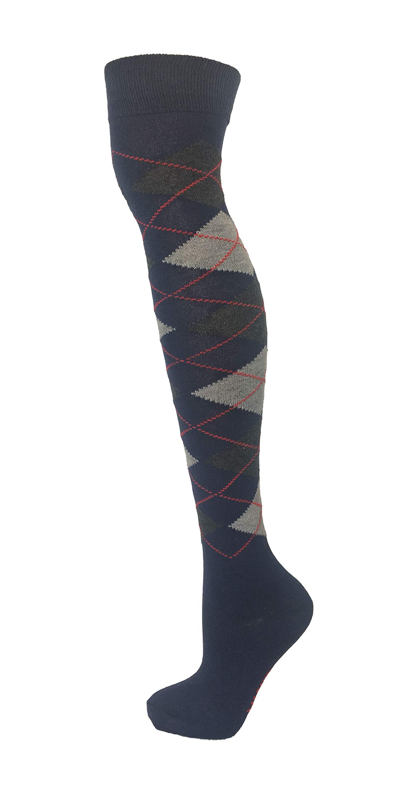 Cotton Rich Over The Knee Argyle Diamond Design Socks (DARK GREY ON BLUE)