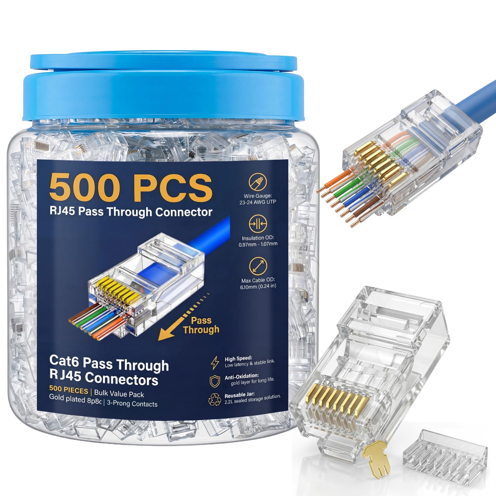 Tellegloww Lot de 500 connecteurs RJ45 Cat6 en vrac plaqués or 6µ pour câbles Ethernet Utp solides et toronnés