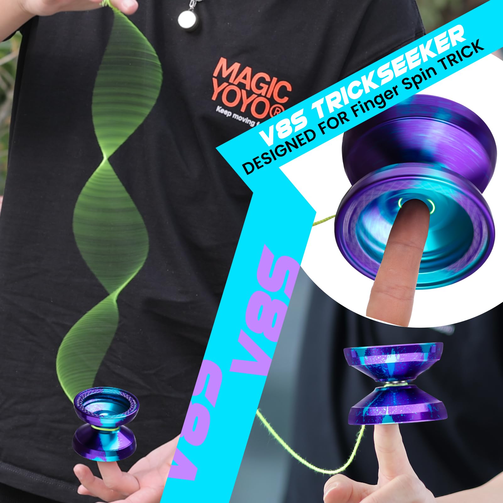 MAGICYOYO V8S JoJo für Kinder ab 8 Jahren - Profi Finger-Spin Yoyo für Anfänger & Fortgeschrittene, 2-in-1 JoJo (Responsive & unresponsive), Trick-JoJo inkl. 12 Schnüren & Tasche