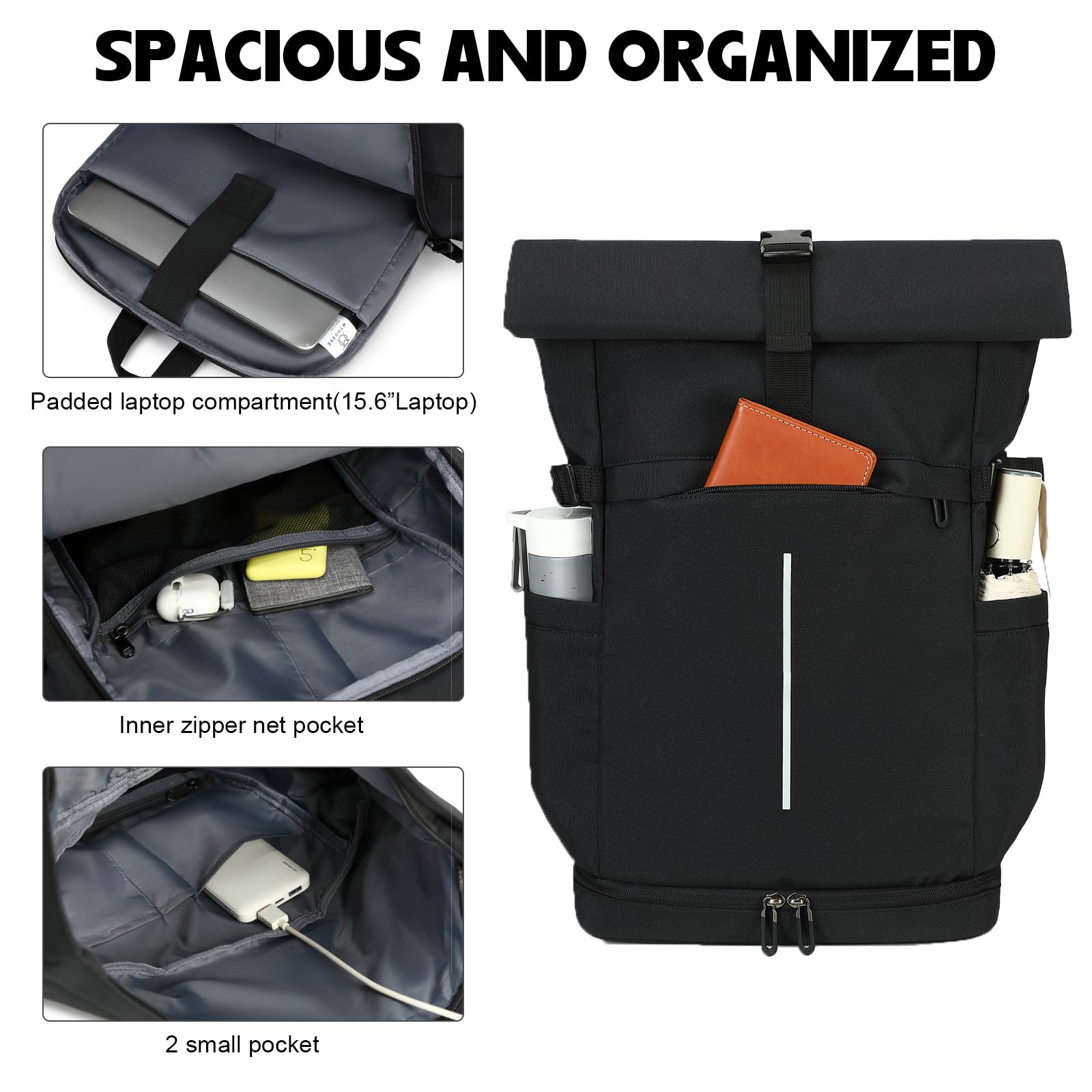 Myhozee RollTop Rucksack Herren Damen 25L-30L LaptopRucksack Schulrucksack für Uni Fahrrad Freizeit Job Sport Reisen, Radsport Stylische Tagesrucksack Waderrucksack mit Laptopfach & Schuhfach - Beige