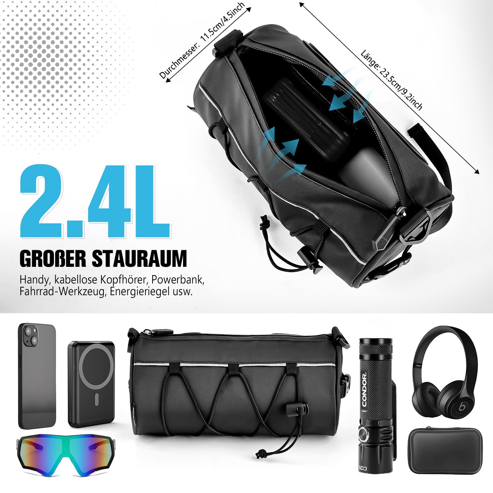 GXCROR Fahrrad Lenkertasche Vordertasche-Rahmentasche Fahrrad mit Schultergurt- Bikepacking Oberrohrtasche [2,4 Liter] 100% Wasserdicht-Fahrradzubehör für Mountainbike und Rennrad