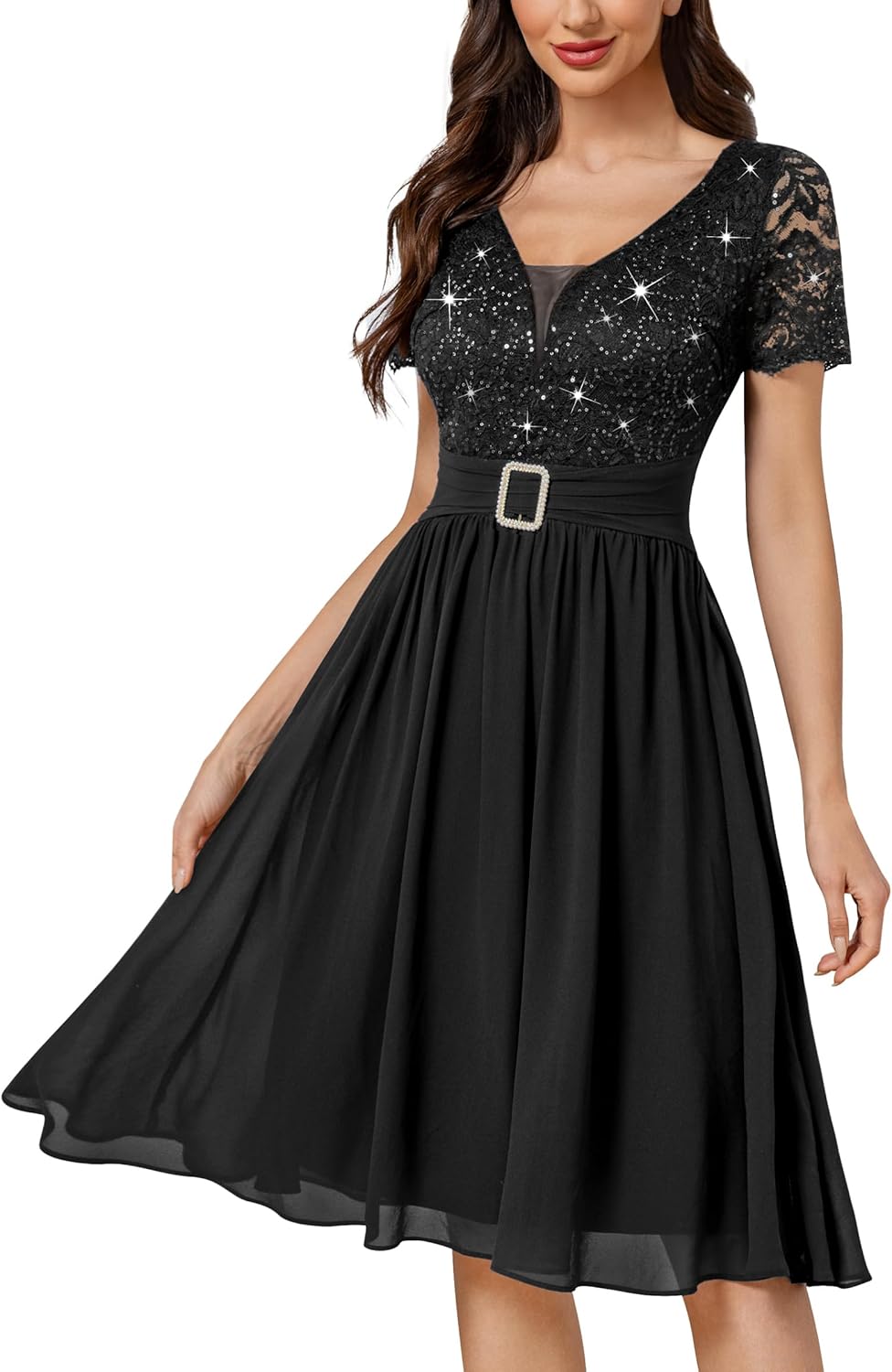 Miusol Women's V-Neck Sparkling Sequin Short Sleeves Empire Waist Cocktail Prom Dress