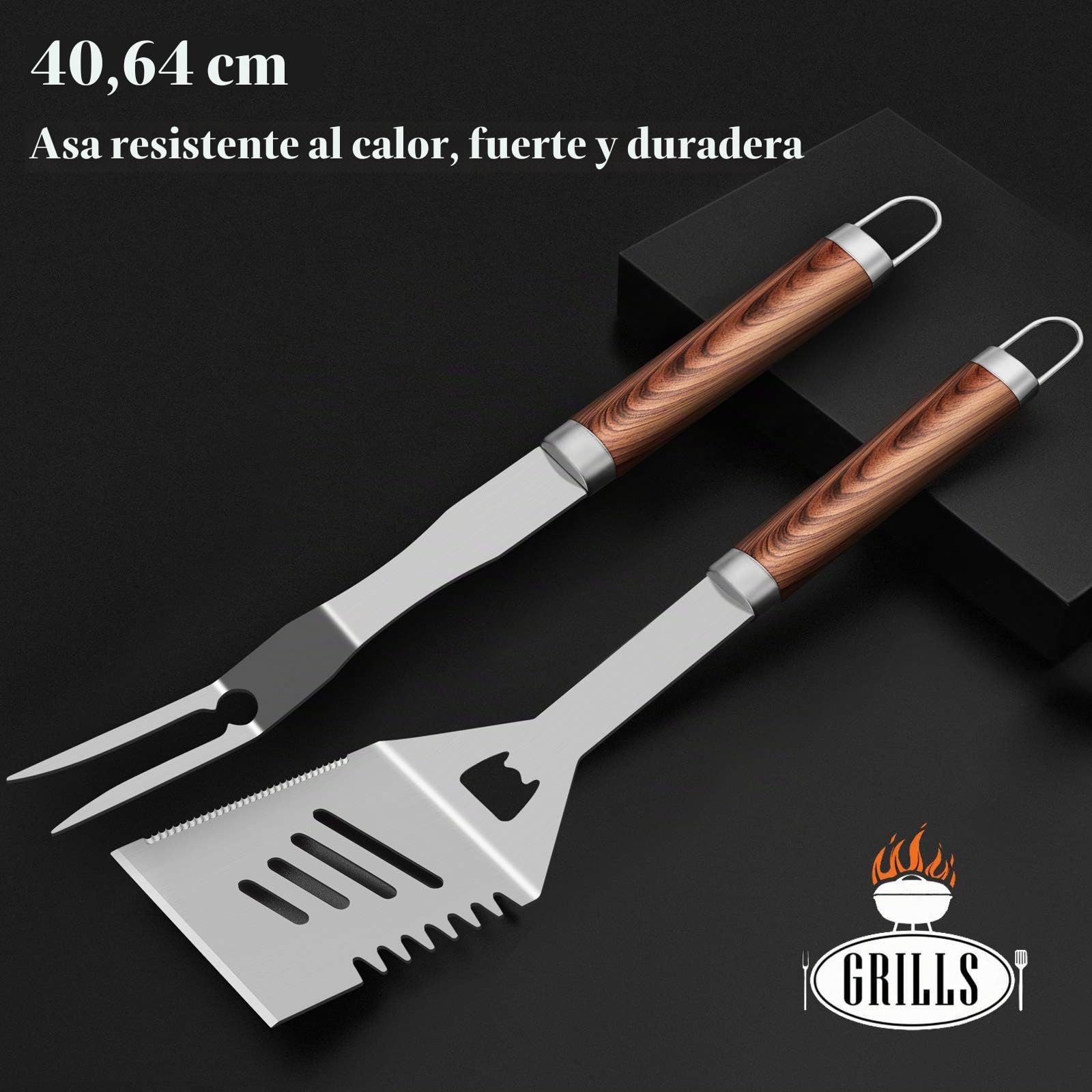 ROMANTICIST Juego de Herramientas para Parrilla Gruesa para Hombres,Acero Inoxidable, 26 Piezas, Juego de Accesorios para Parrilla,Utensilios para Barbacoa con sacacorchos en Caja de Aluminio marrón