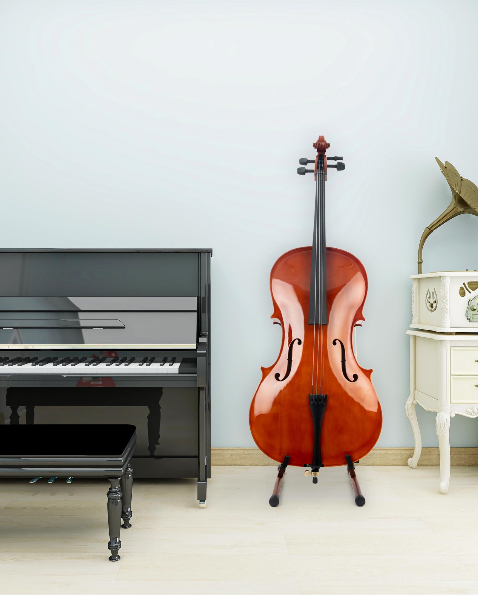 Supporto per Violoncello a Forma di A con Porta Arco, Stabile e Sicuro, in Noce con Schiuma Imbottita per Violoncelli 1/2, 3/4, 7/8 e 4/4, adatto anche per Chitarra
